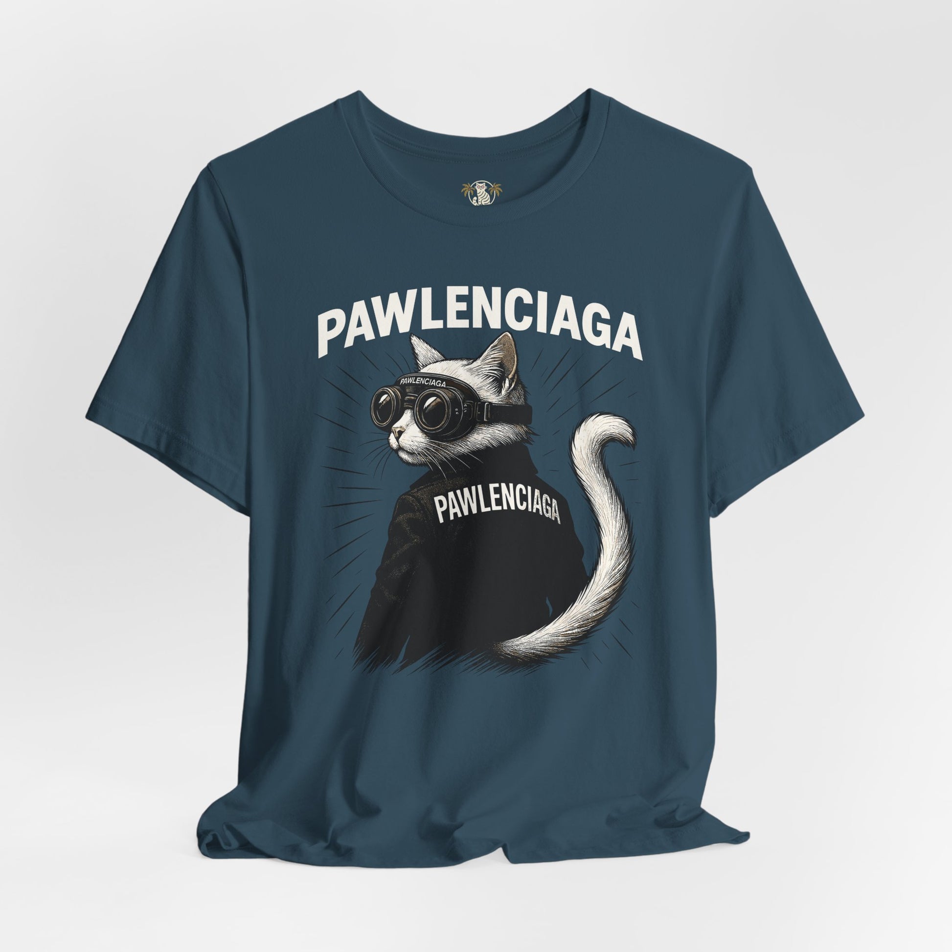 deep teal Pawlenciaga cat tee, front view, cat on a shirt in googles and Pawlenciaga jacket