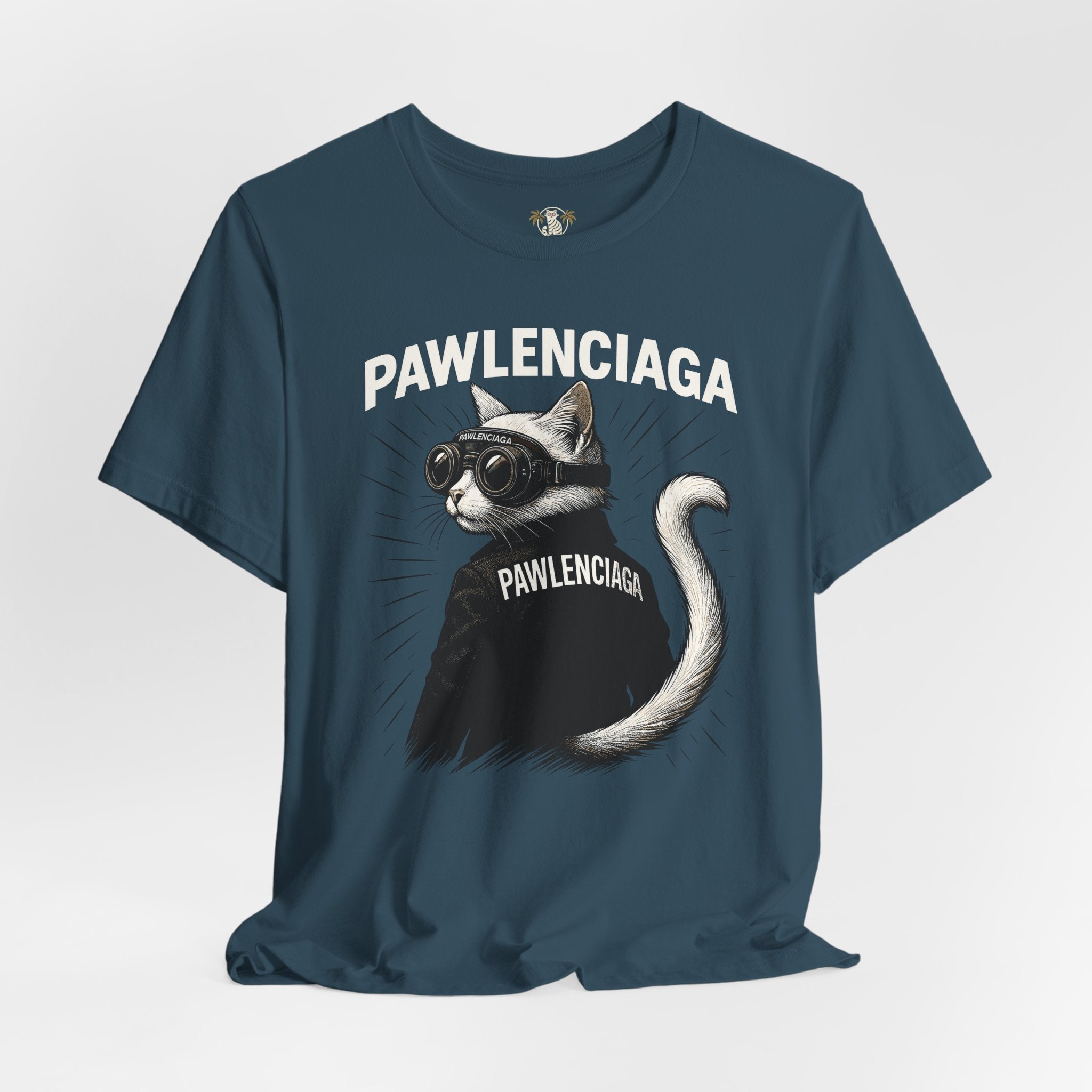 deep teal Pawlenciaga cat tee, front view, cat on a shirt in googles and Pawlenciaga jacket