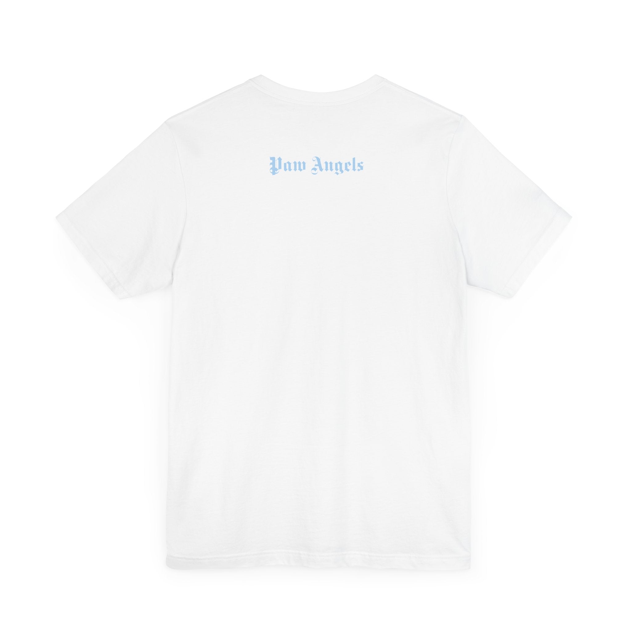 Back view of White Paw Angels Holy Trinity t shirt with blue script – cat lover t shirt