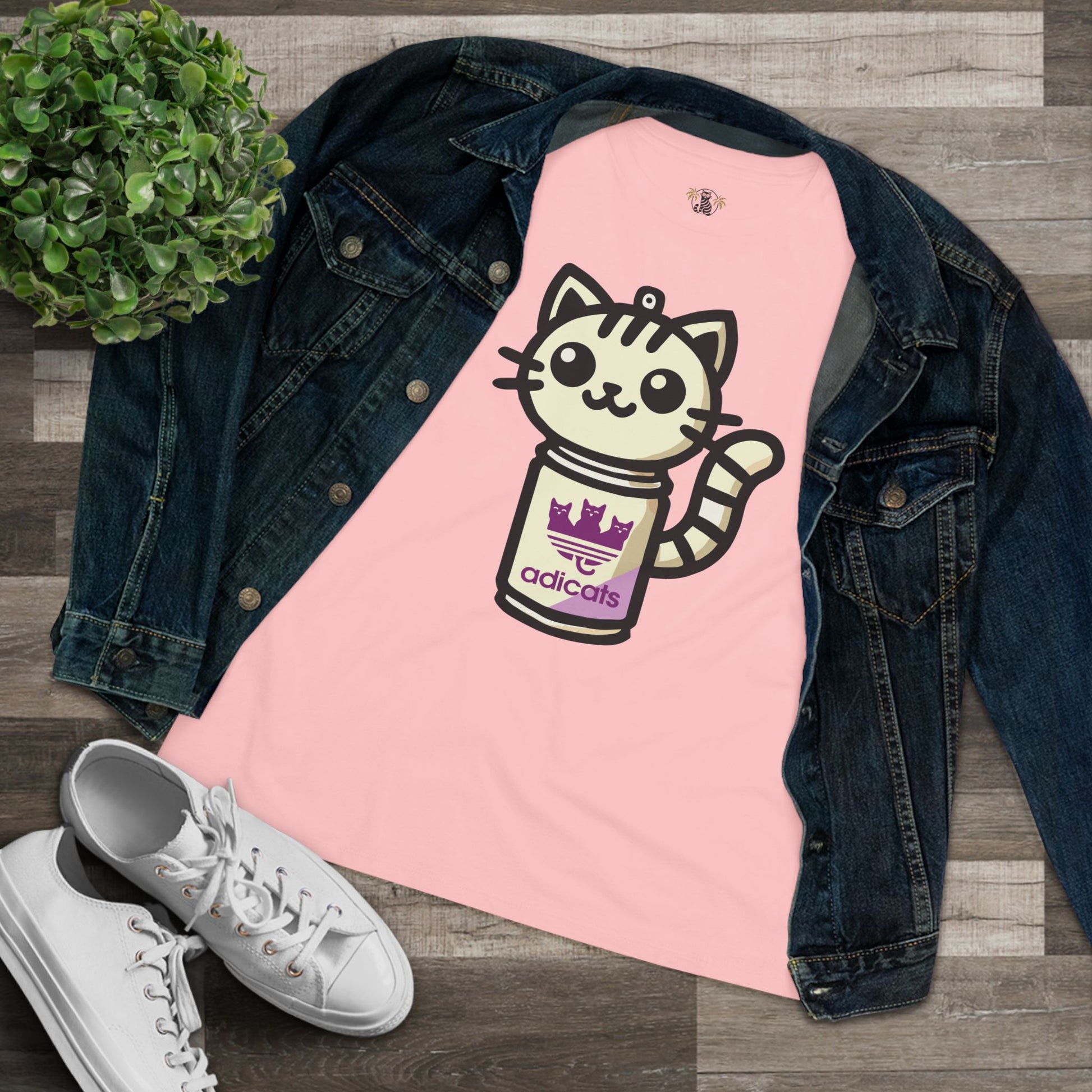 Pink cat shirts for women lifestyle flat lay with denim jacket