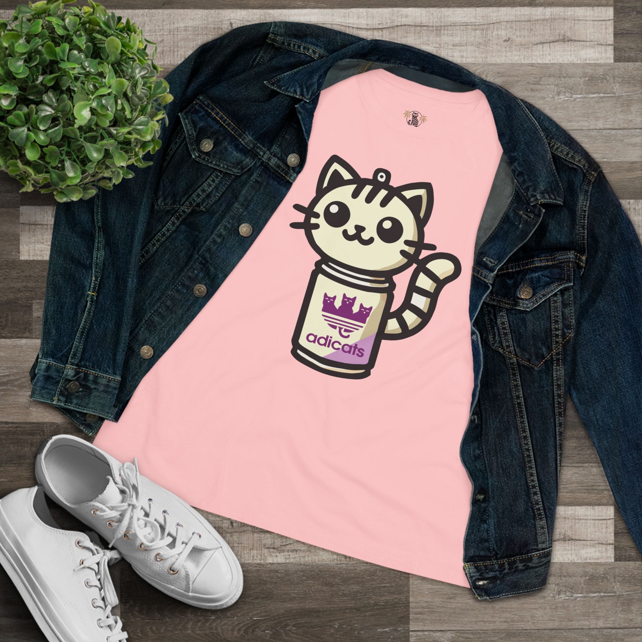 Pink cat shirts for women lifestyle flat lay with denim jacket