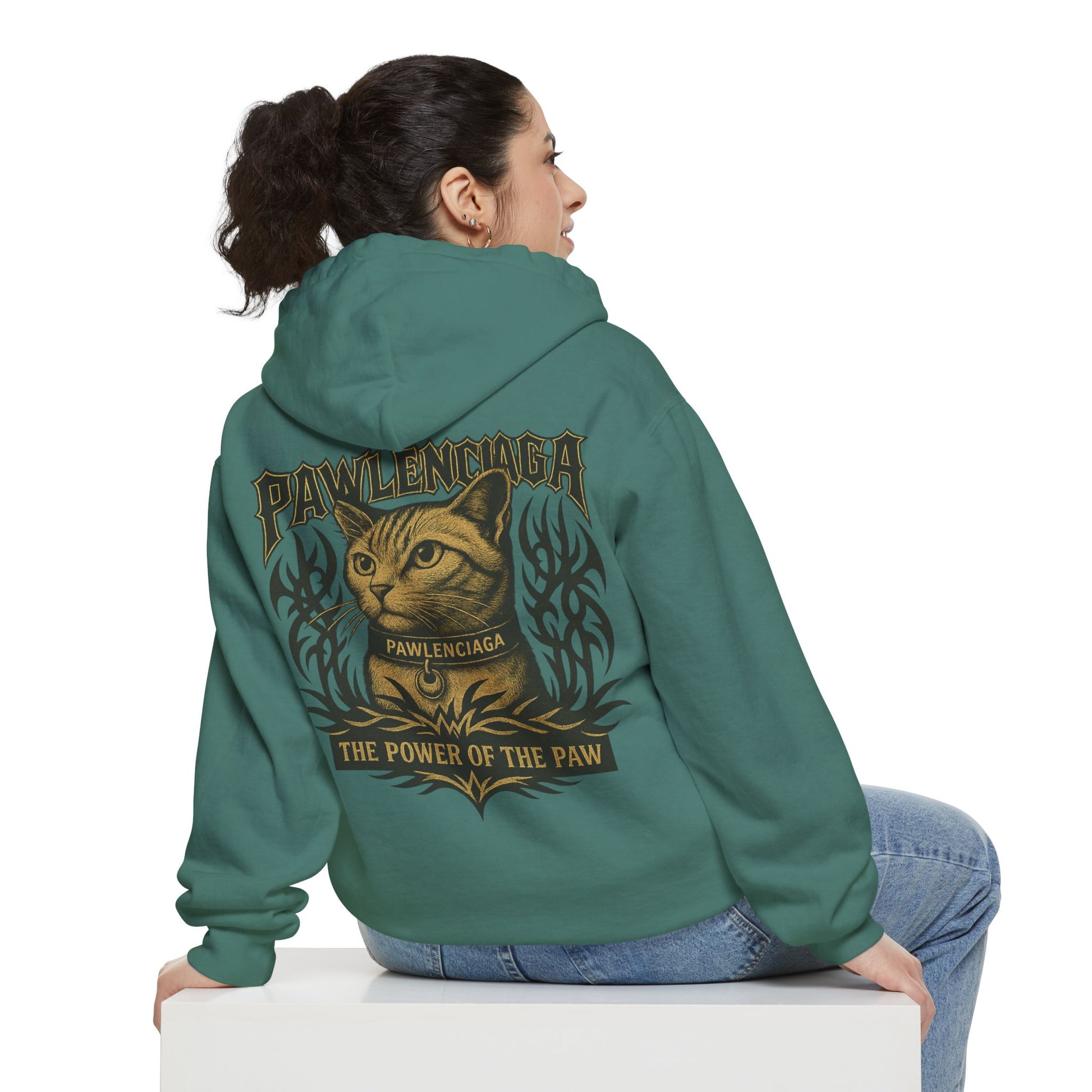 Back view of woman sitting in Pawlenciaga Light Green Hoodie, gifts for cat lovers