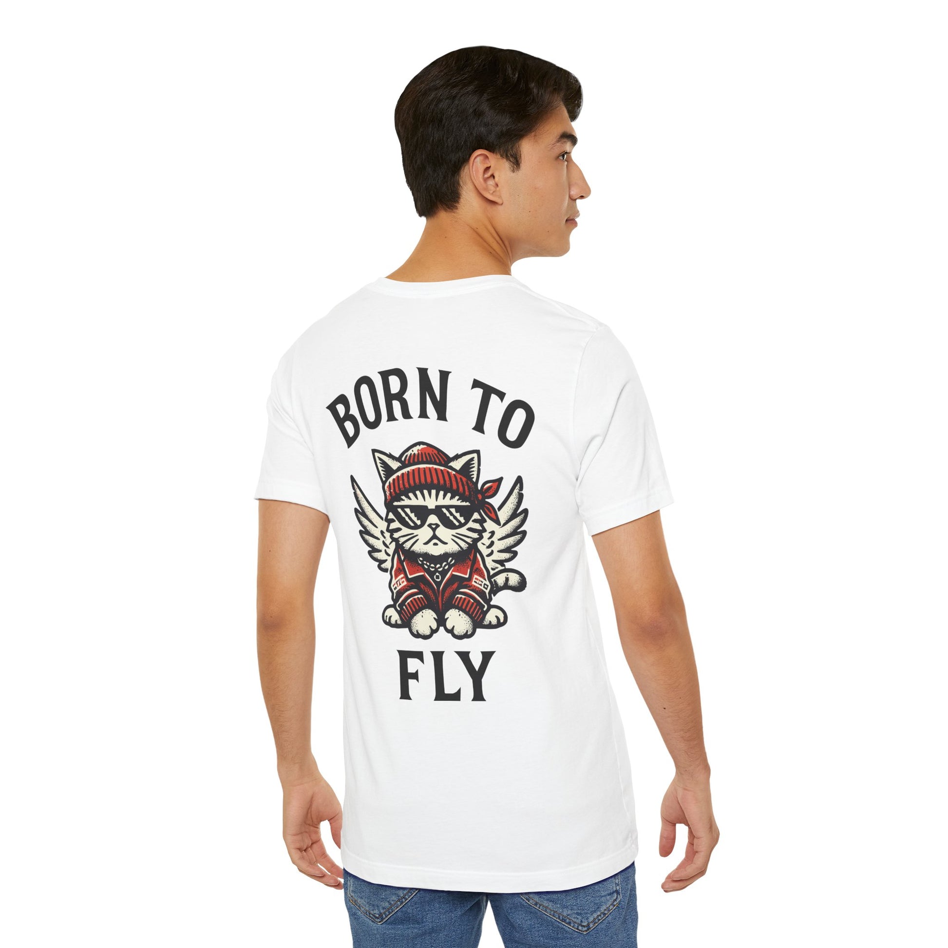 Male model wearing canvas red Paw Angels Born to Fly street angel cat t shirt – funny cat t shirt style