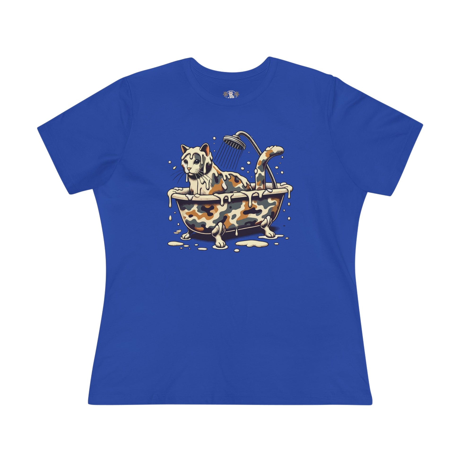 True Royal Blue A Bathing Cat Camo Bath Drip Women’s Graphic T Shirt flat lay front