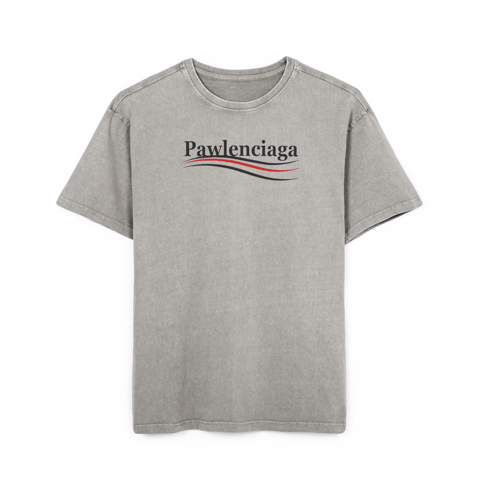 Pawlenciaga logo acid washed men's oversized t shirt parody shirts funny mens t shirts oversized graphic t shirt unique gifts for cat lovers asphalt gray back view