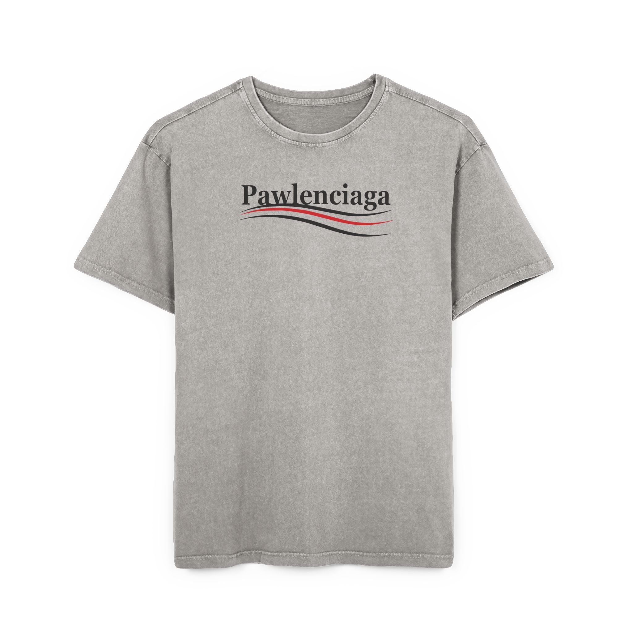 Pawlenciaga logo acid washed men's oversized t shirt parody shirts funny mens t shirts oversized graphic t shirt unique gifts for cat lovers asphalt gray back view