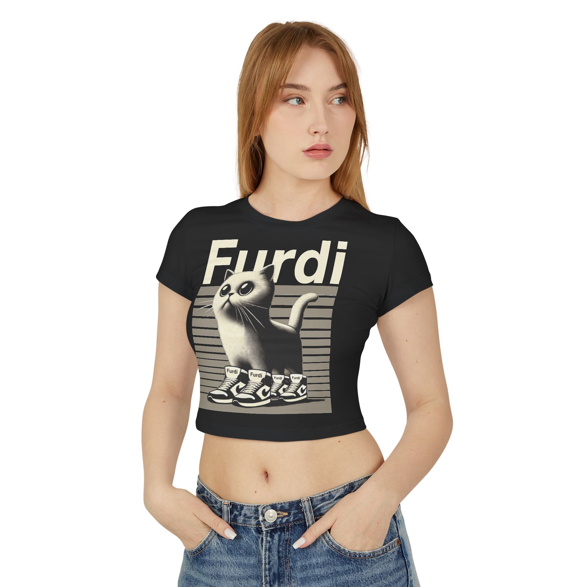 Side angle of Furdi cat graphic black baby tee women’s crop top