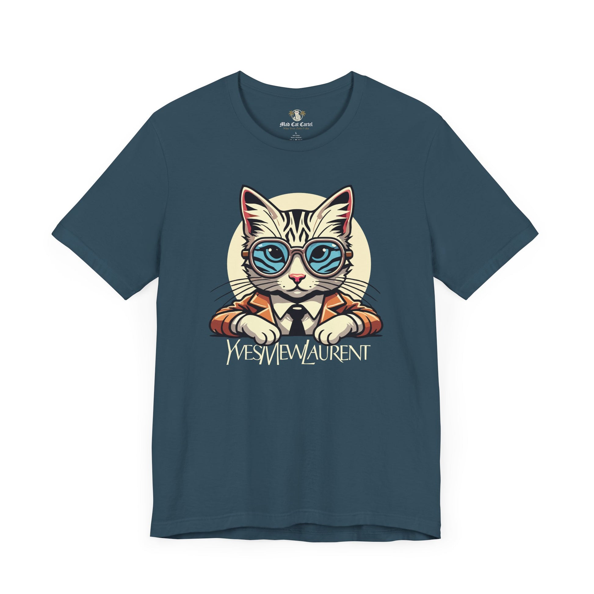 Deep Teal Yves Mew Laurent Cat Boss Tiger Pattern Graphic T-Shirt hanger front
