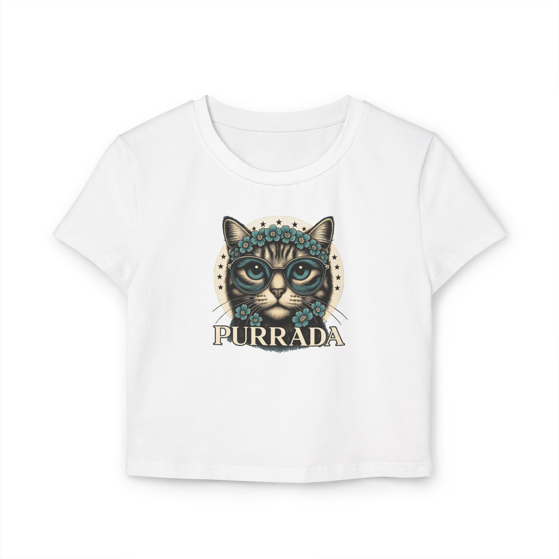 white crop top with cat graphic, Purrada flower crown design