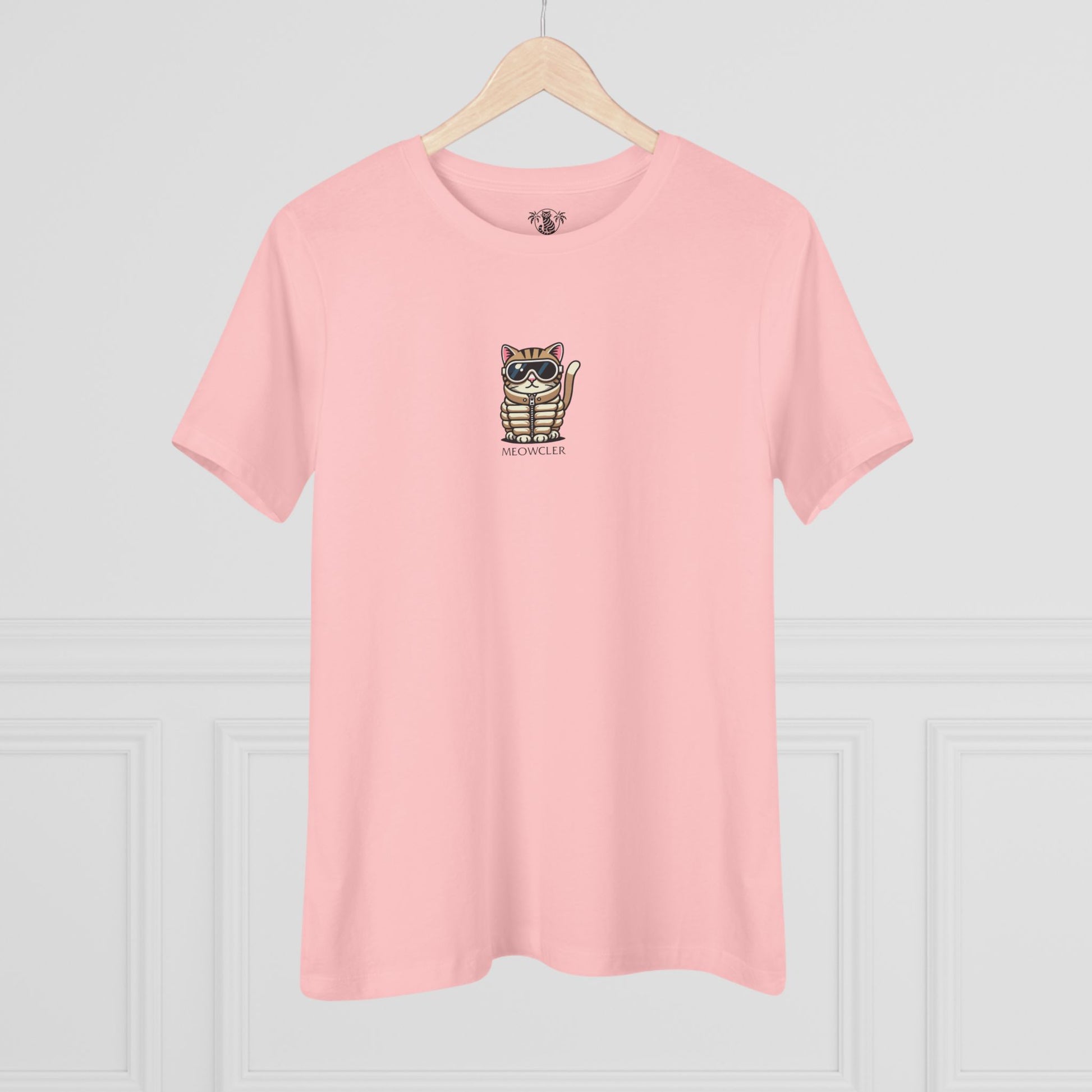 Hanging pink women’s cat t shirt with Meowcler mini chest design