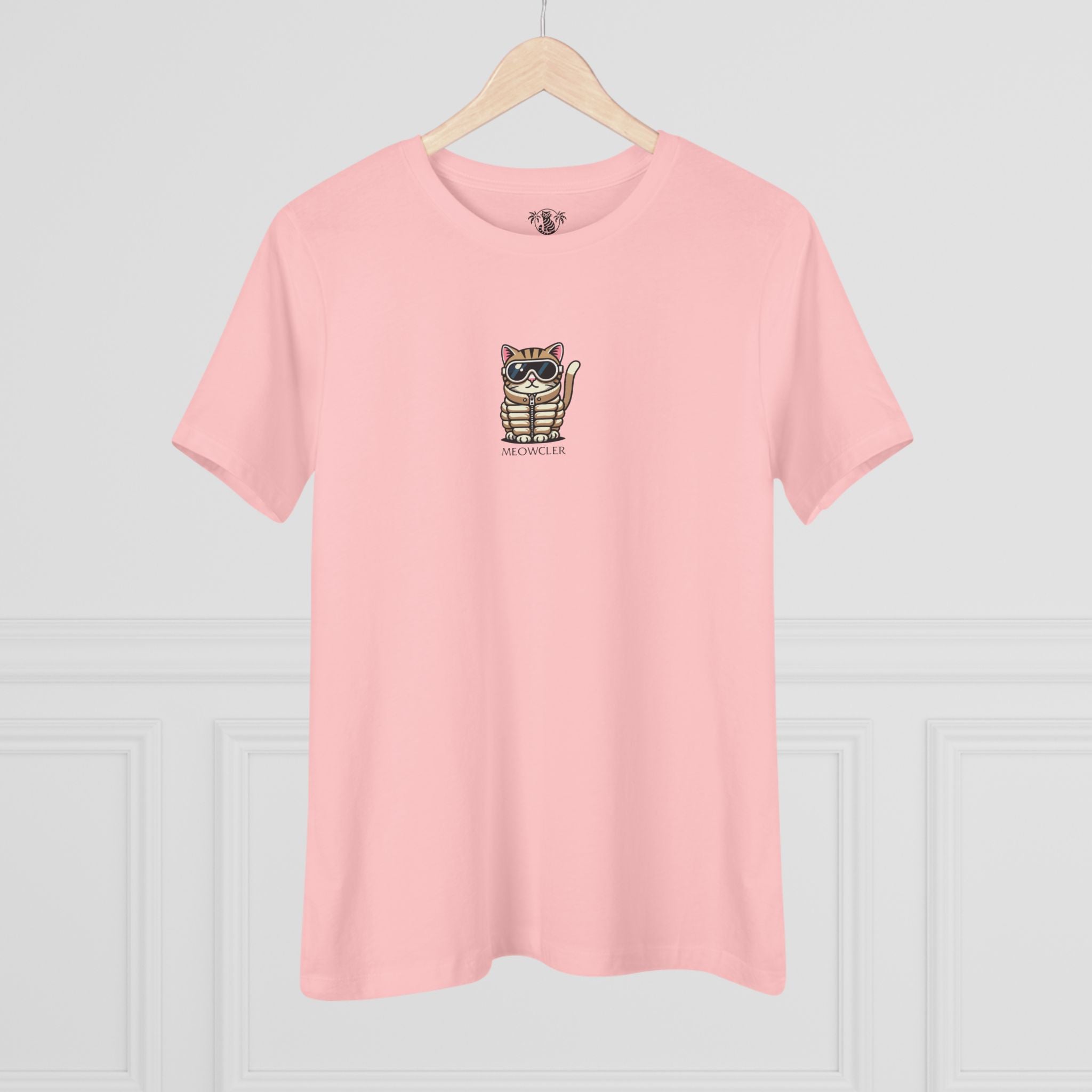 Hanging pink women’s cat t shirt with Meowcler mini chest design