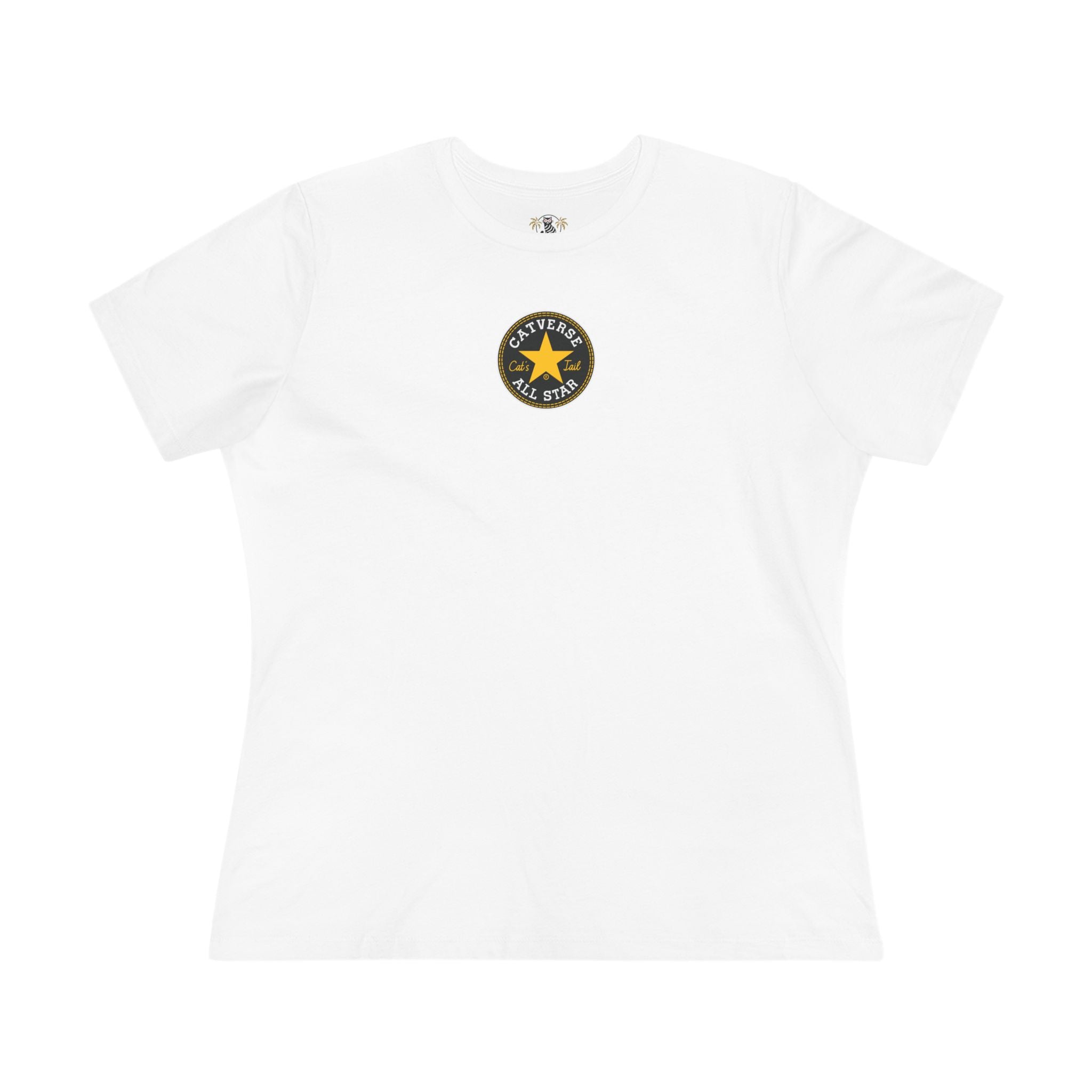 Cat lover t shirt, women’s white shirt with chest star logo graphic front view