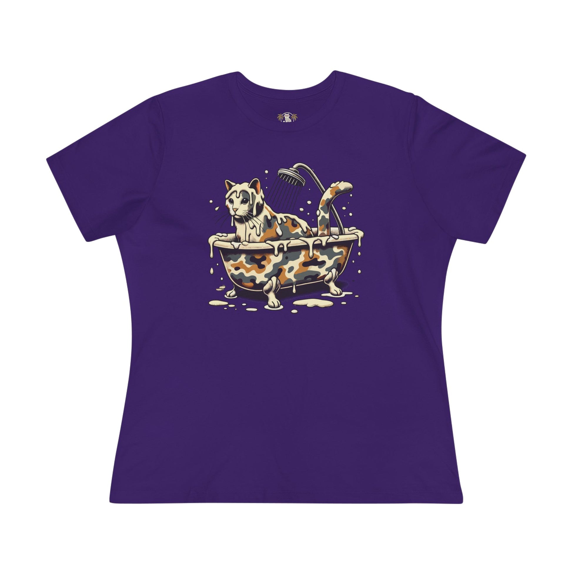 Team Purple A Bathing Cat Camo Bath Drip Women’s Graphic Funny T Shirt ladies flat lay front