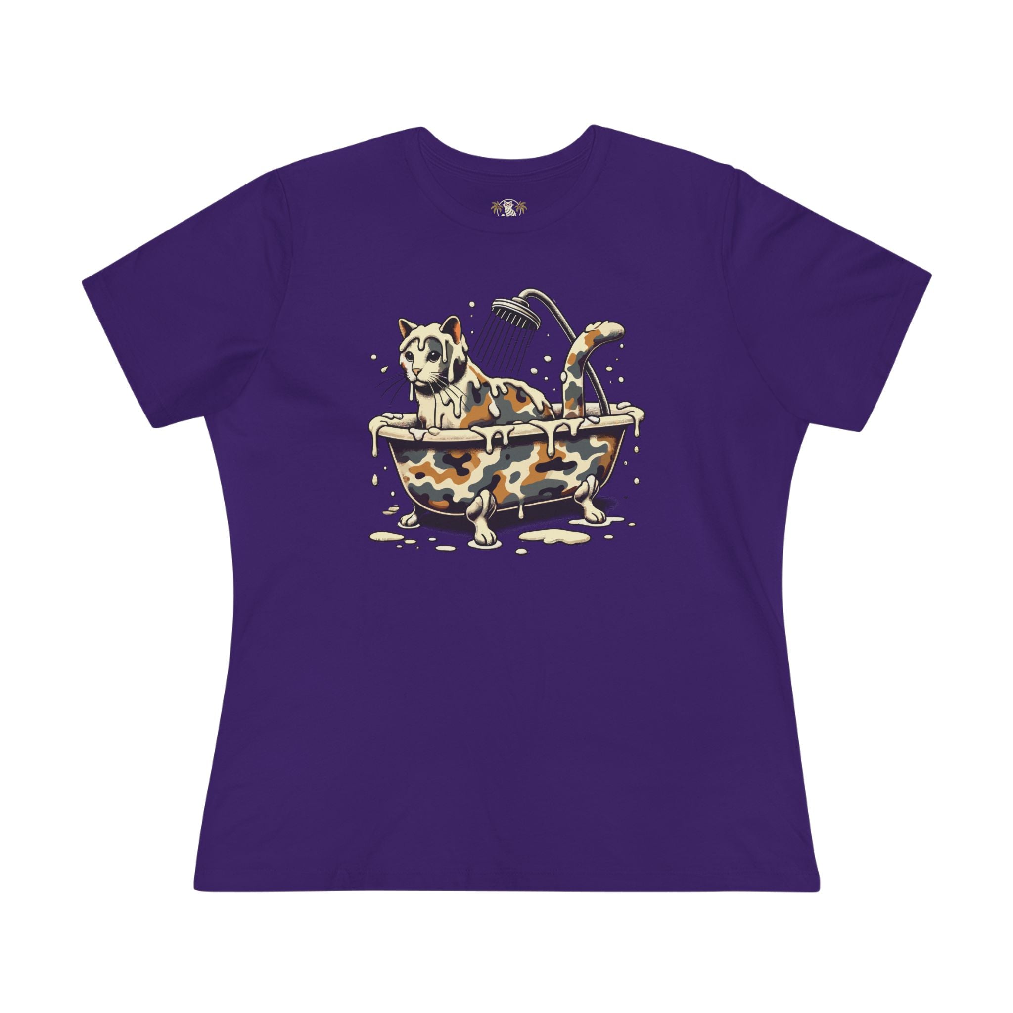 Team Purple A Bathing Cat Camo Bath Drip Women’s Graphic Funny T Shirt ladies flat lay front