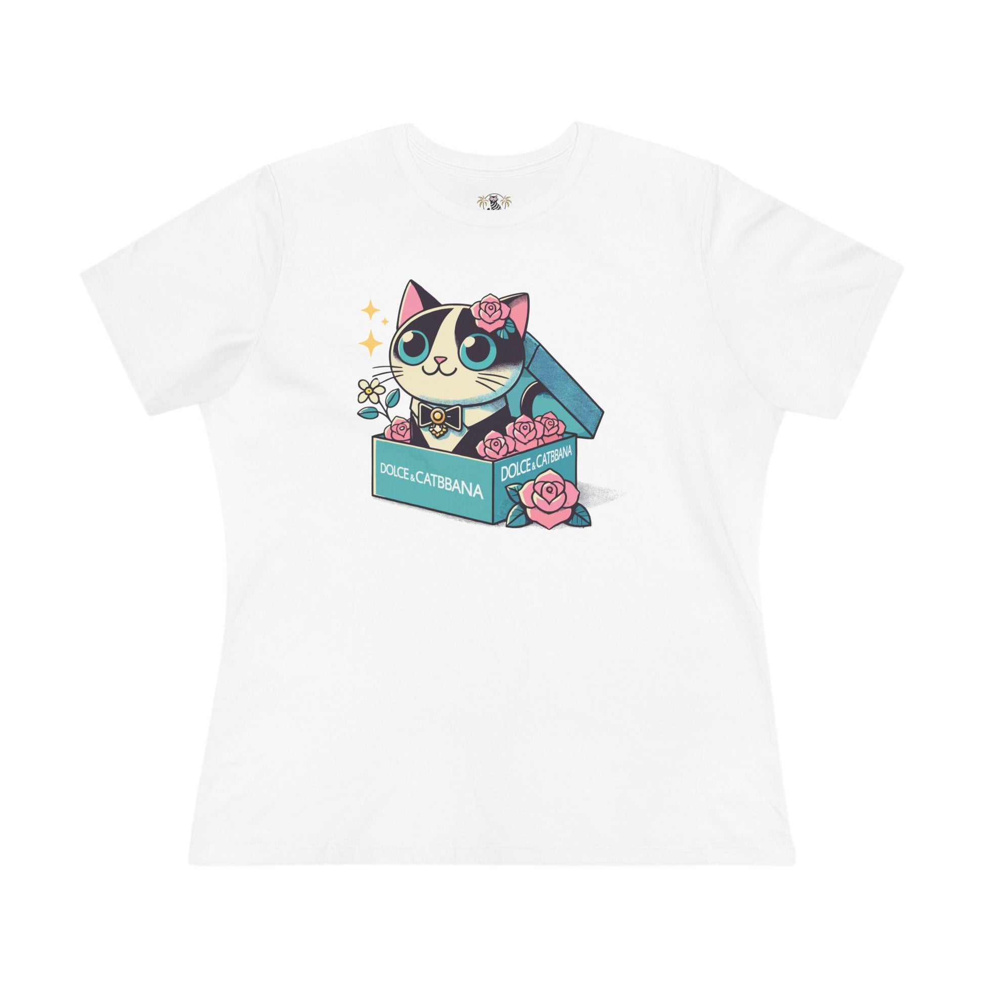 Dolce Catbana Rose Box white women’s cat graphic t-shirt, floral luxury parody design by Mad Cat Cartel