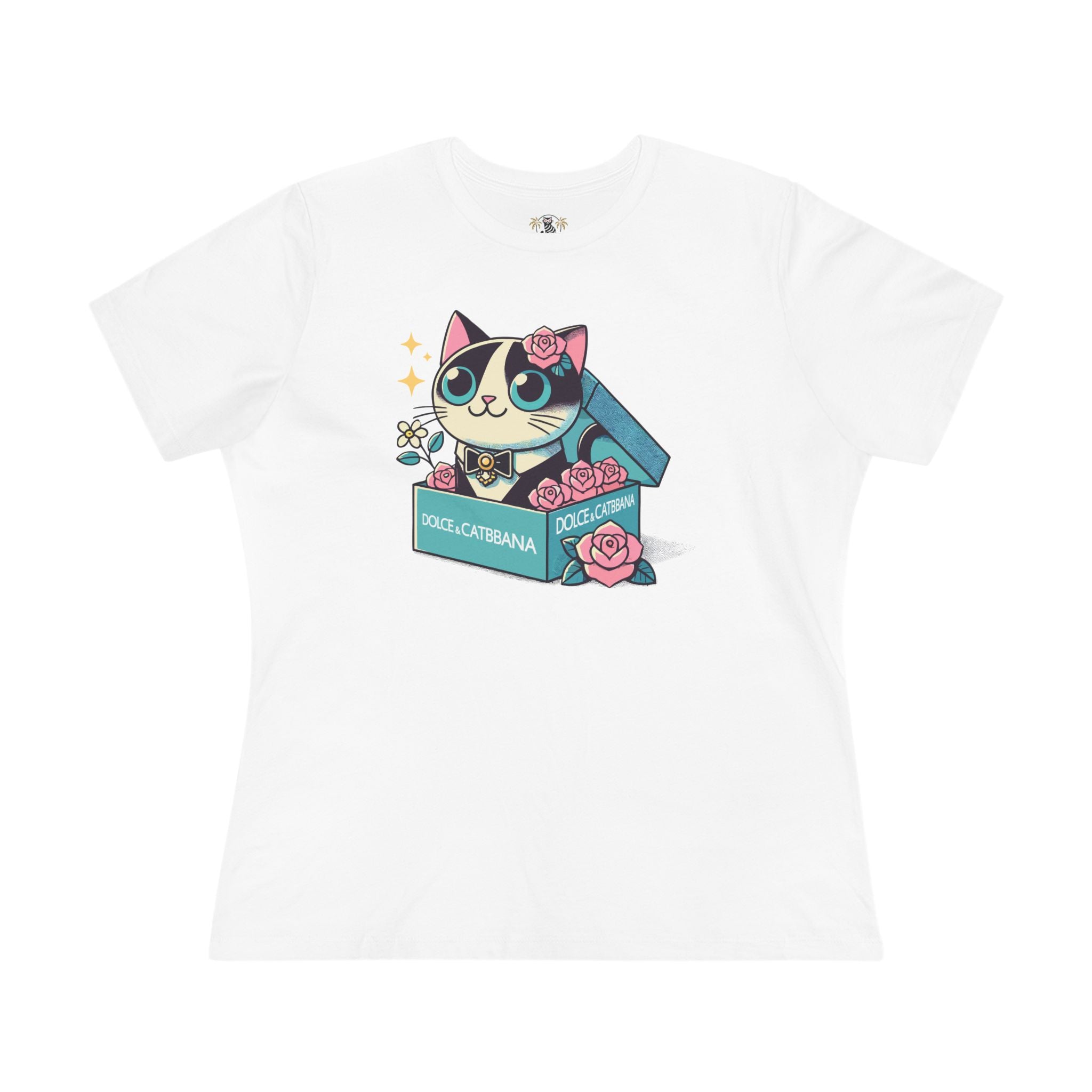 White Dolce & Catbana Rose Box cat themed apparel flat lay front view
