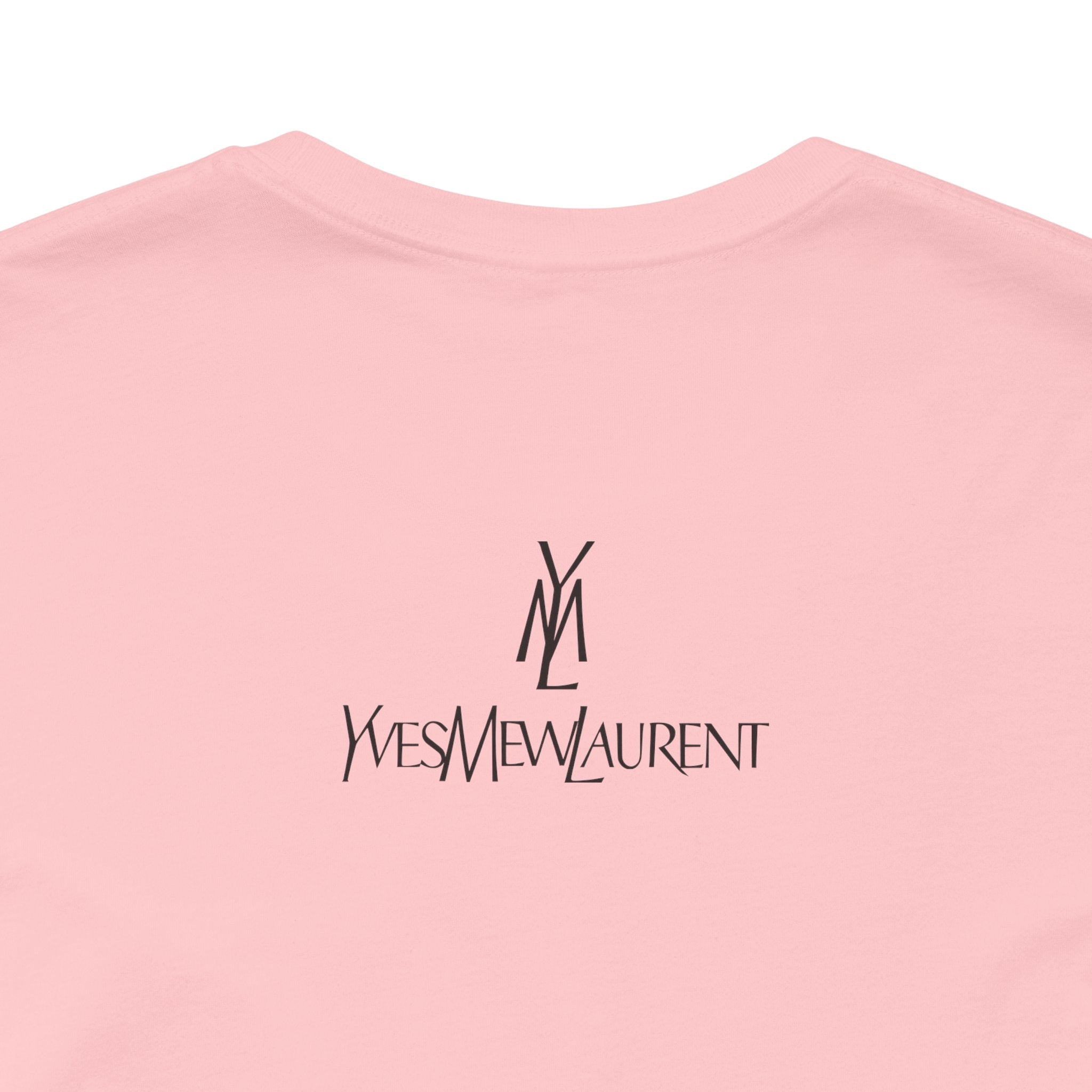 pink cats t shirt back logo close up, cat themed apparel, cotton fabric