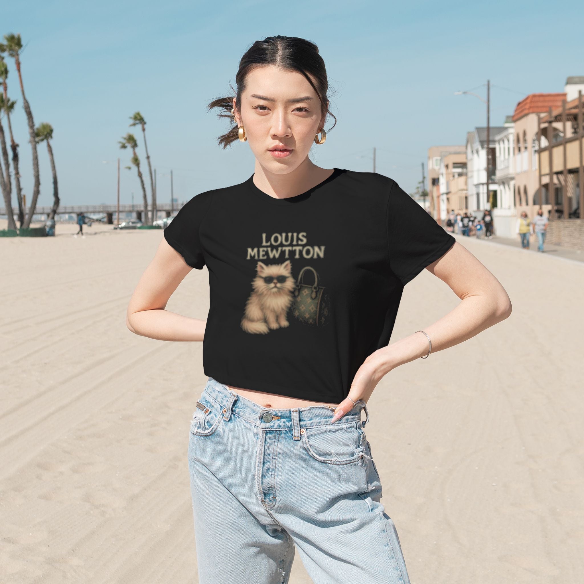Louis Mewtton Women’s Black Cropped Cat Print T-Shirt styled outdoor beach model unique gift for cat lovers