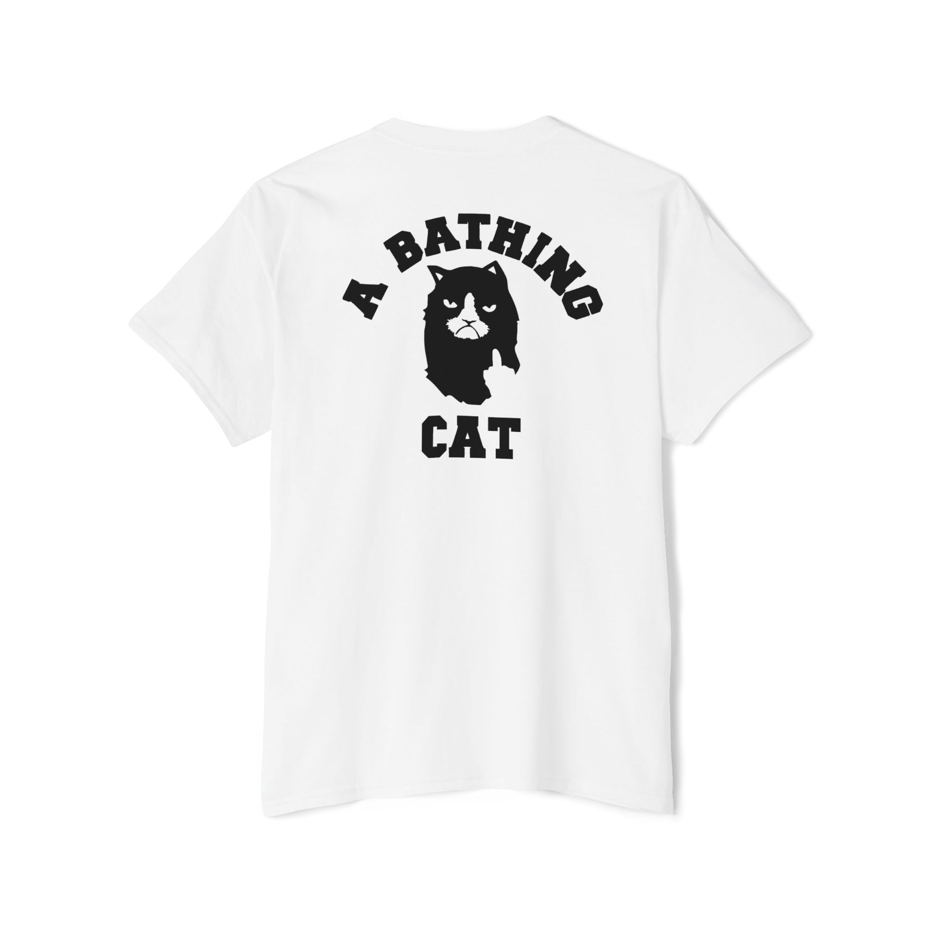 White A Bathing Cat Mini Logo Pocket Graphic T-Shirt male model front view cat pocket tee shirt