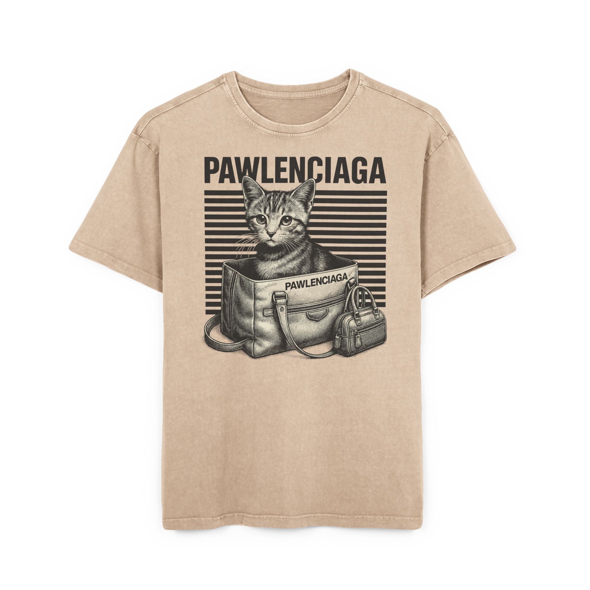beige Pawlenciaga duffle bag cat graphic oversized t shirt, front product view, funny shirts for men