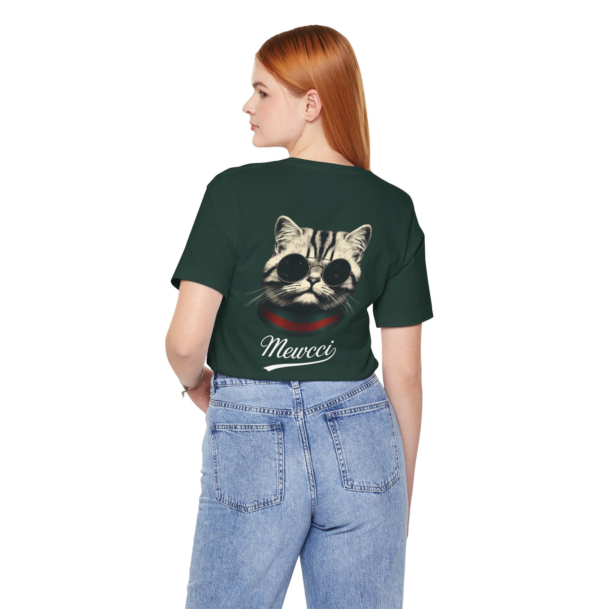 Woman wearing Mewcci Statement Cat Graphic T Shirt in Forest – relaxed fit cat tee shirt for women