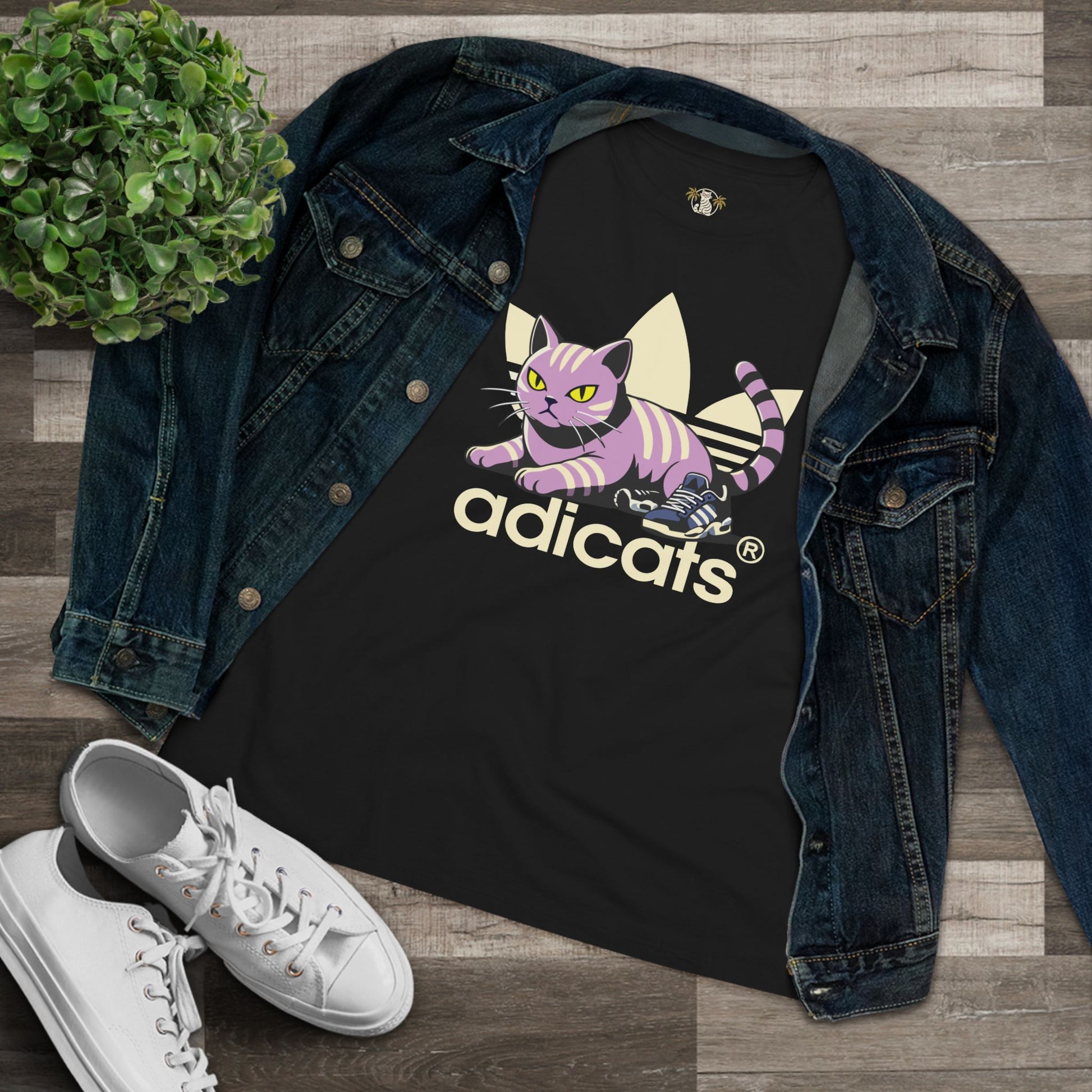 Black funny cat shirts for women lifestyle flat lay with denim jacket