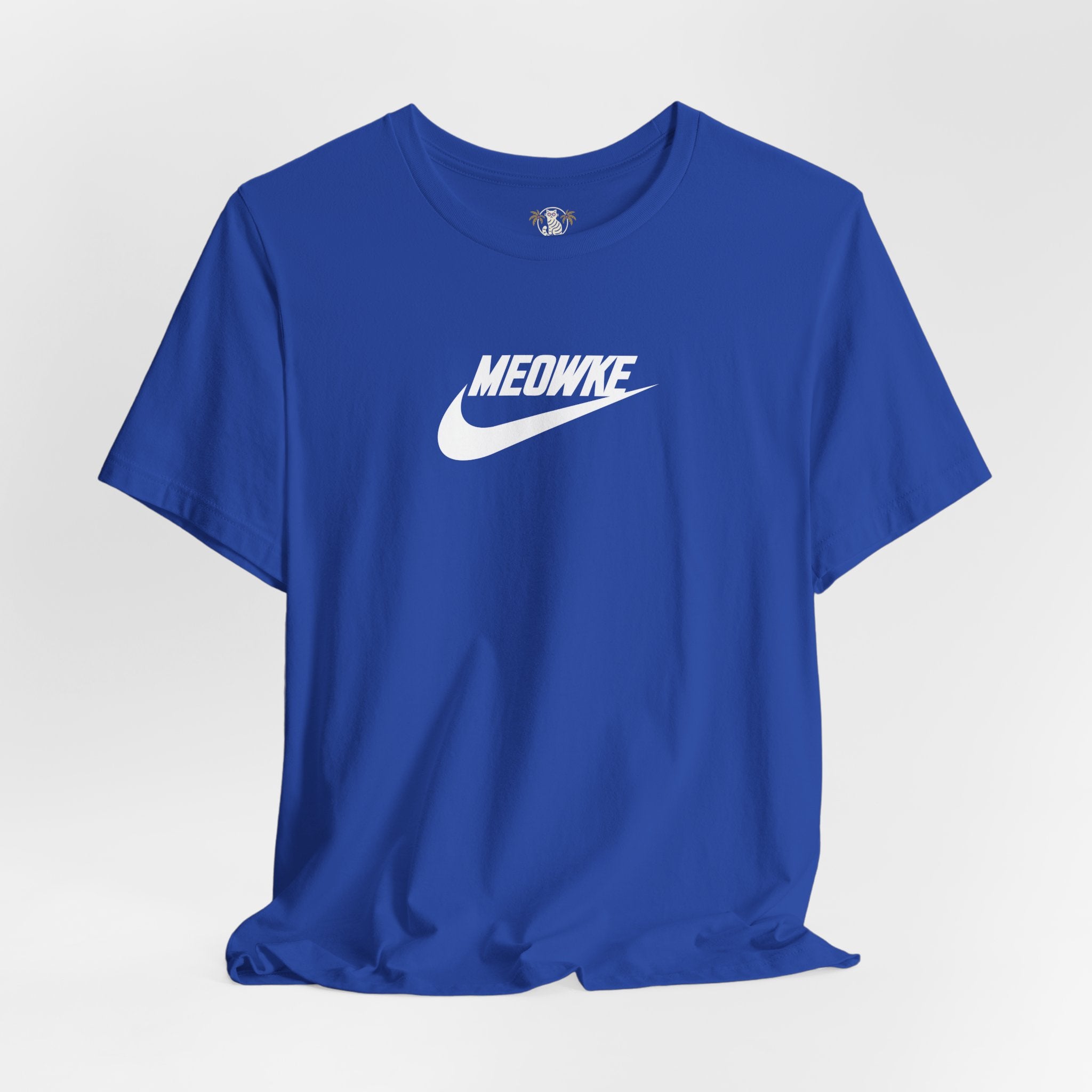  Cat t shirt for men and women – true royal unisex tees, fron view, white Meowke chest swoosh logo