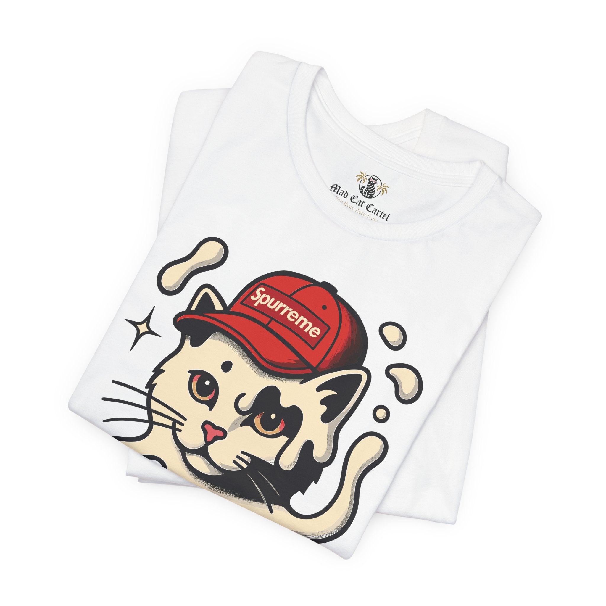 White cat graphic t shirt folded view – funny cat apparel