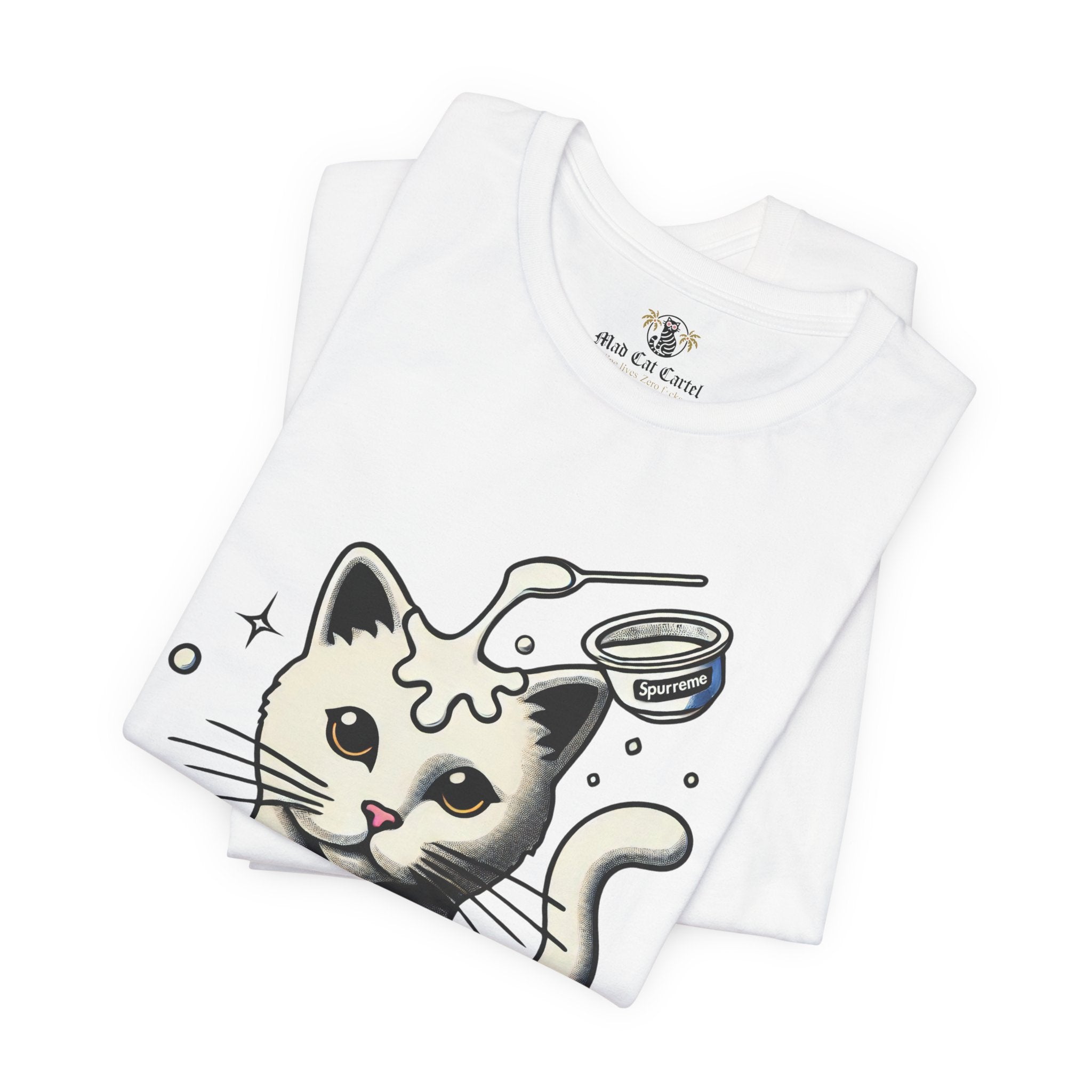 Folded White Spurreme Milky Mischief Cat Graphic t shirts – tee shirts with cats