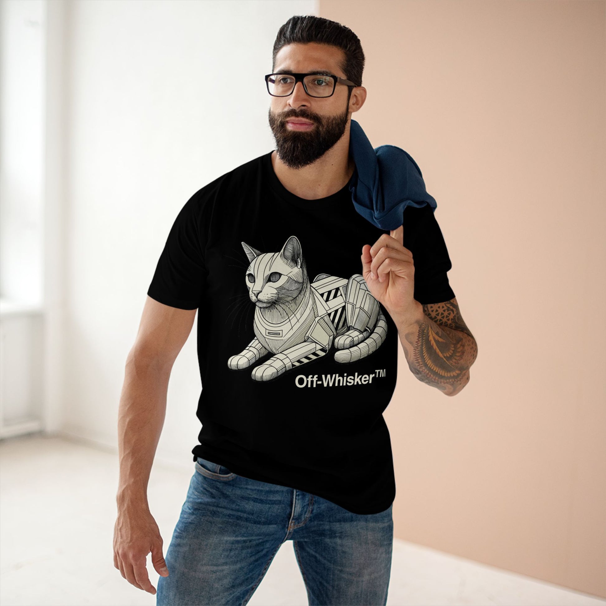 Man wearing black Off-Whisker Mecha Cat Unit t-shirt – cool cat t shirts for guys