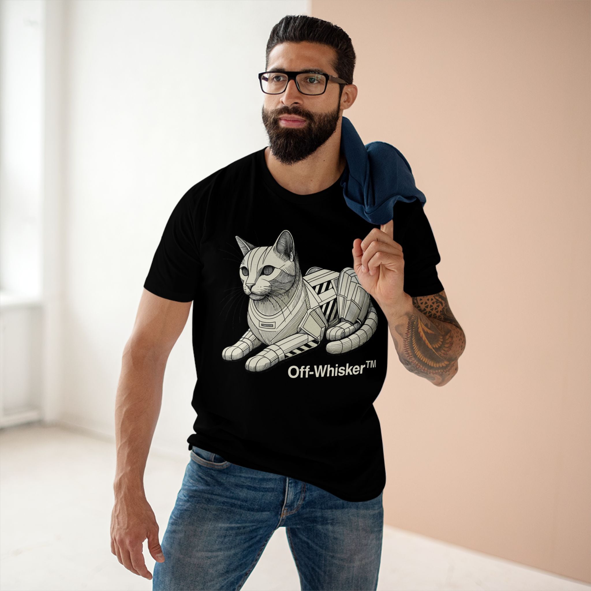 Man wearing black Off-Whisker Mecha Cat Unit t-shirt – cool cat t shirts for guys