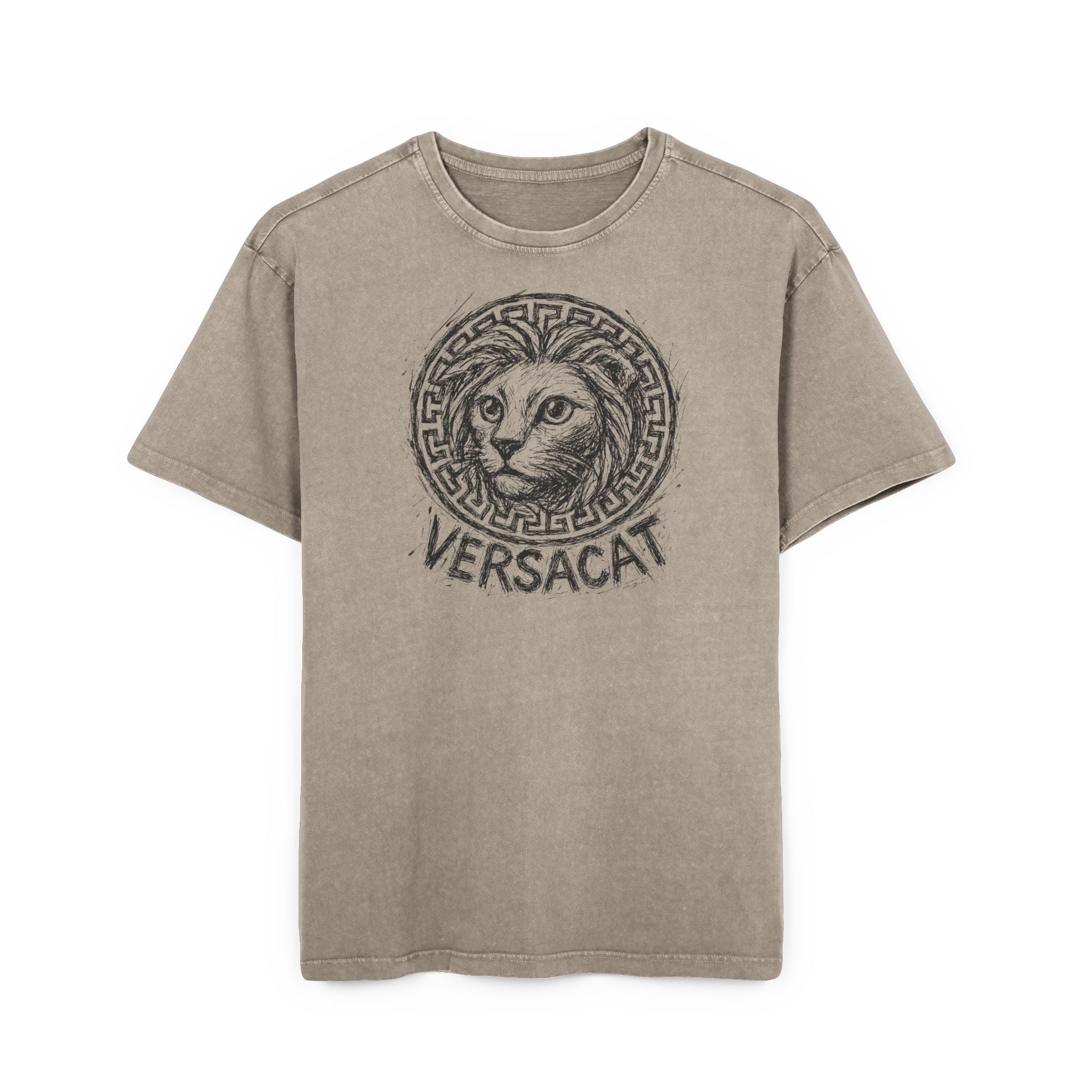 Versacat Sketch Logo Cat Graphic Men's Acid Washed Oversized T-Shirt, dark khaki front view