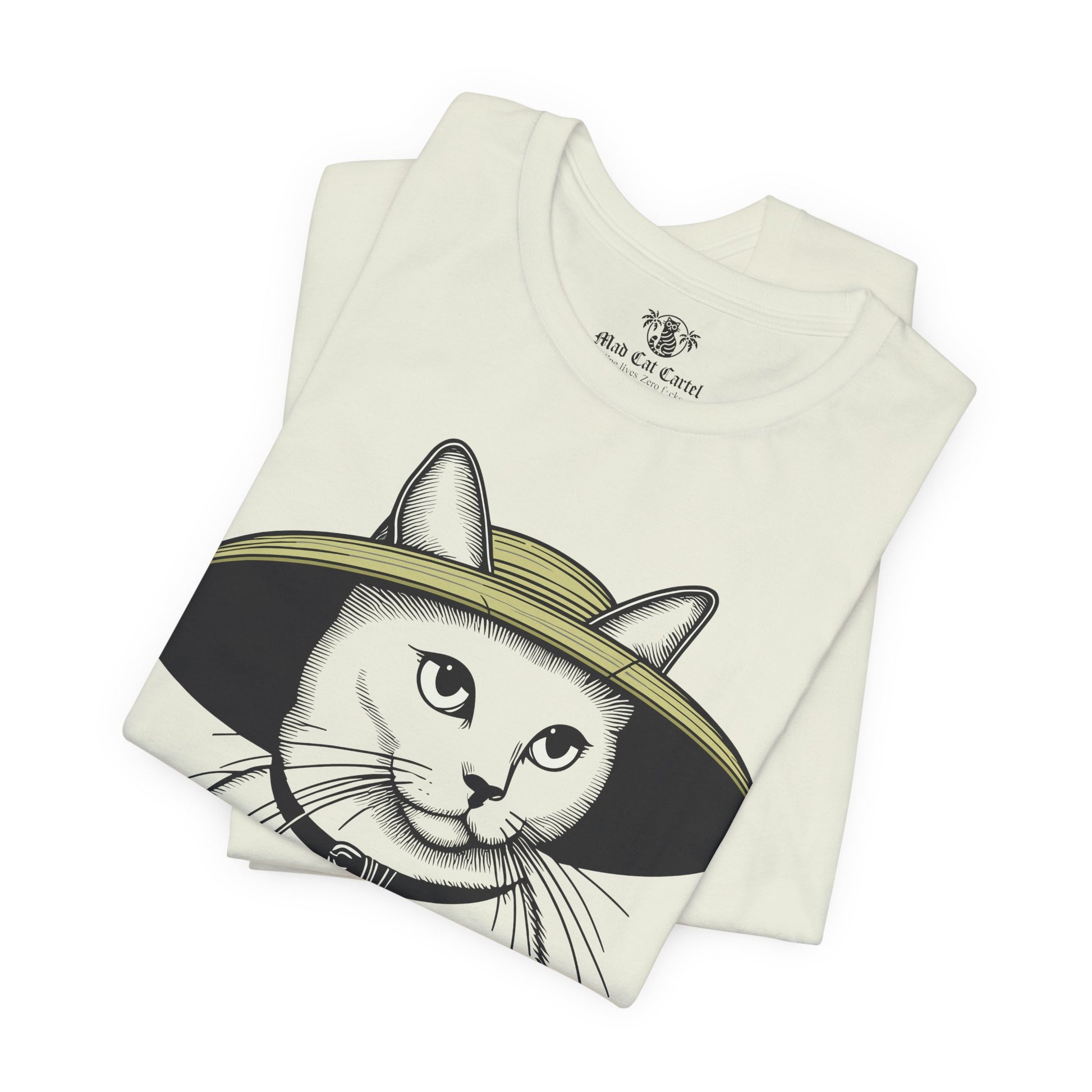Cat shirts for guys – citron unisex tee folded, Mew Mew cat in wide-brim hat print visible