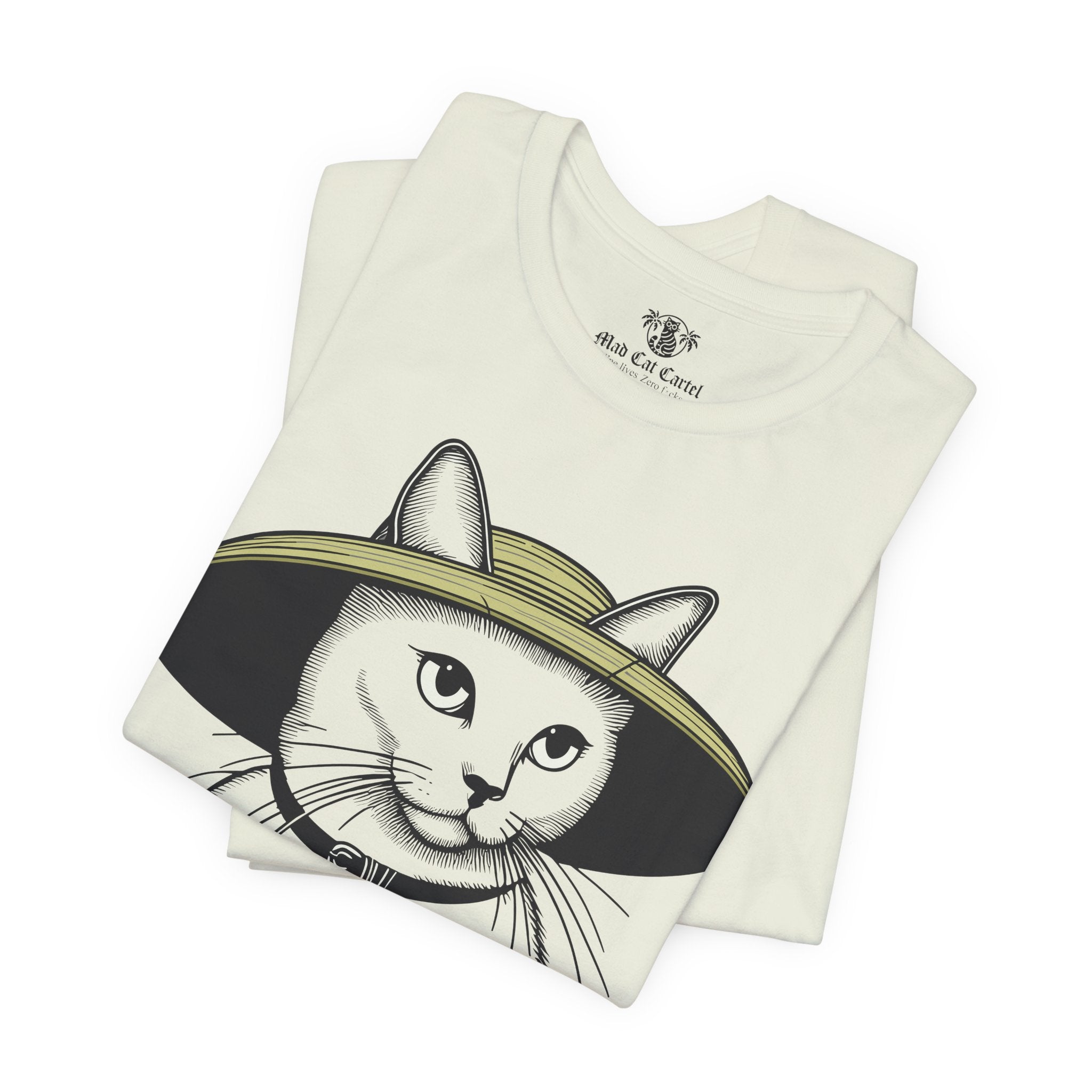 Cat shirts for guys – citron unisex tee folded, Mew Mew cat in wide-brim hat print visible