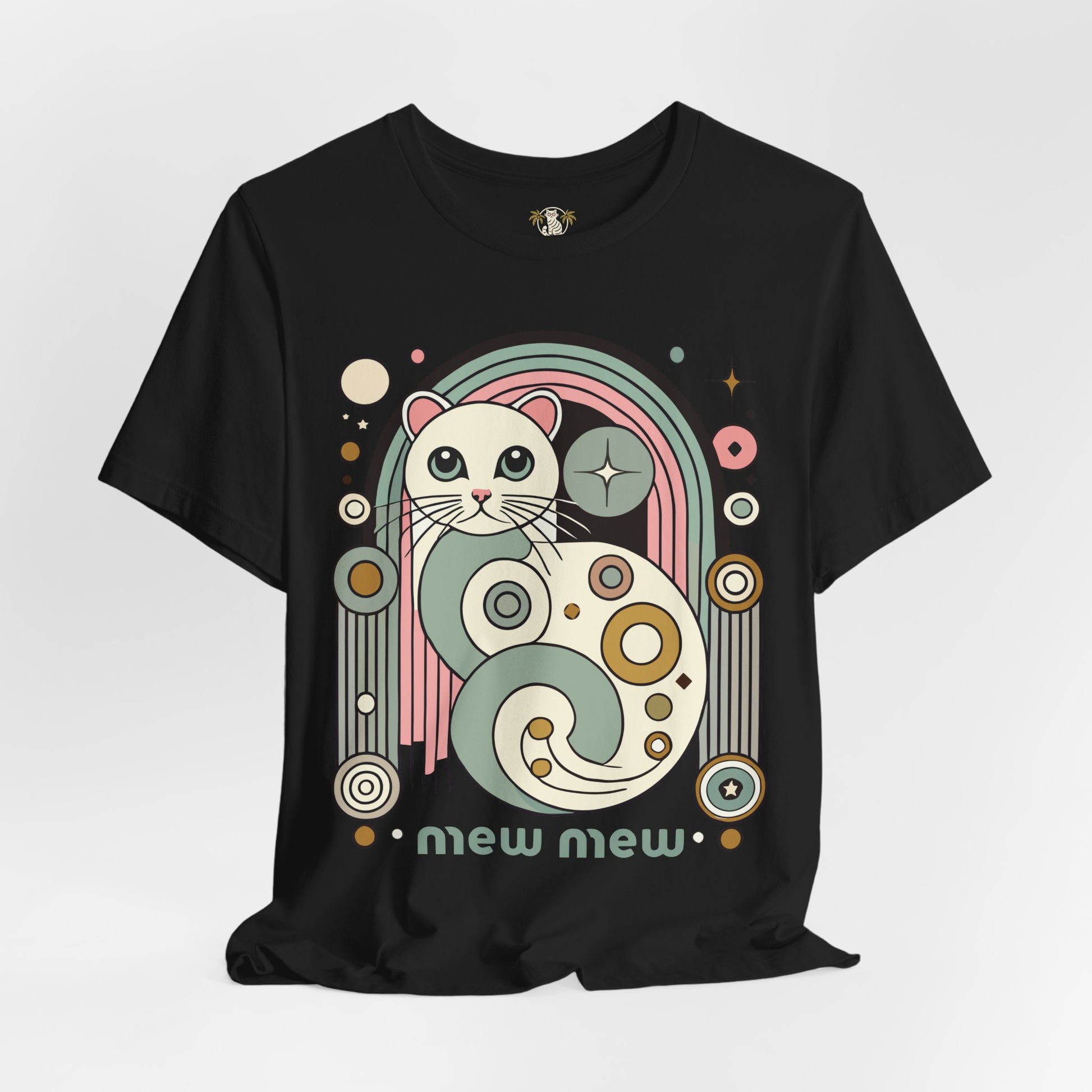 Front view – Black Mew Mew Cosmic Graphic Retro Cat T-Shirt – unusual gifts for cat lovers