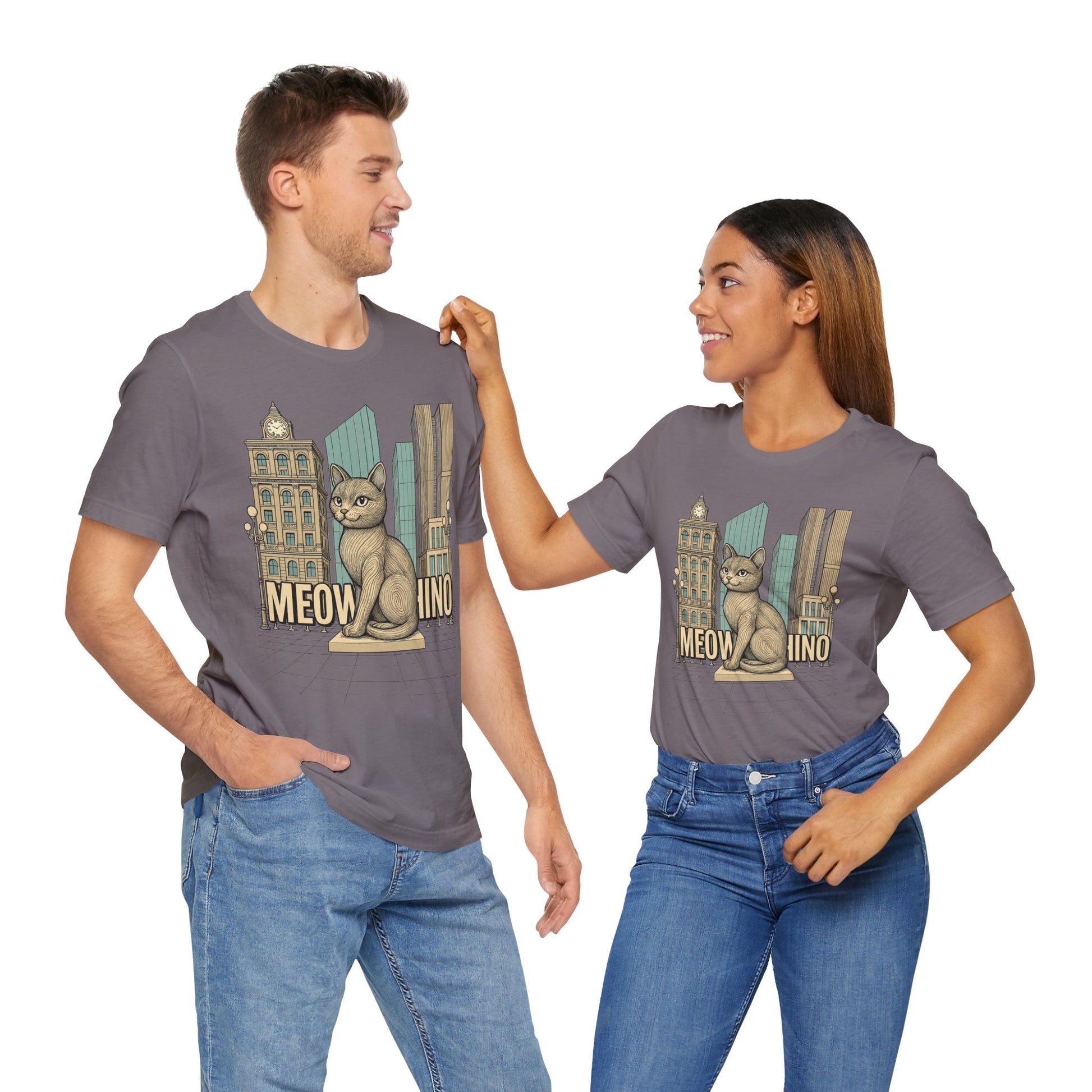 Funny adult shirts – storm unisex tee worn by male and female models, Meowschino city cat statue print