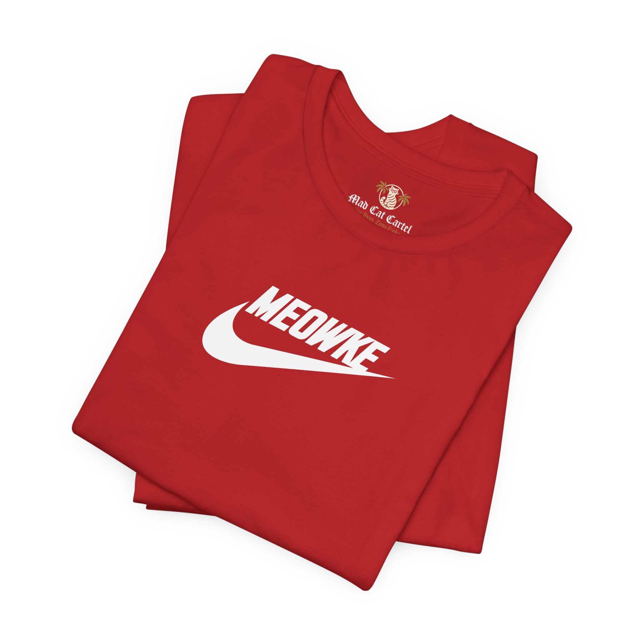 Funny t shirts for men – canvas red unisex tees folded, white Meowke chest logo