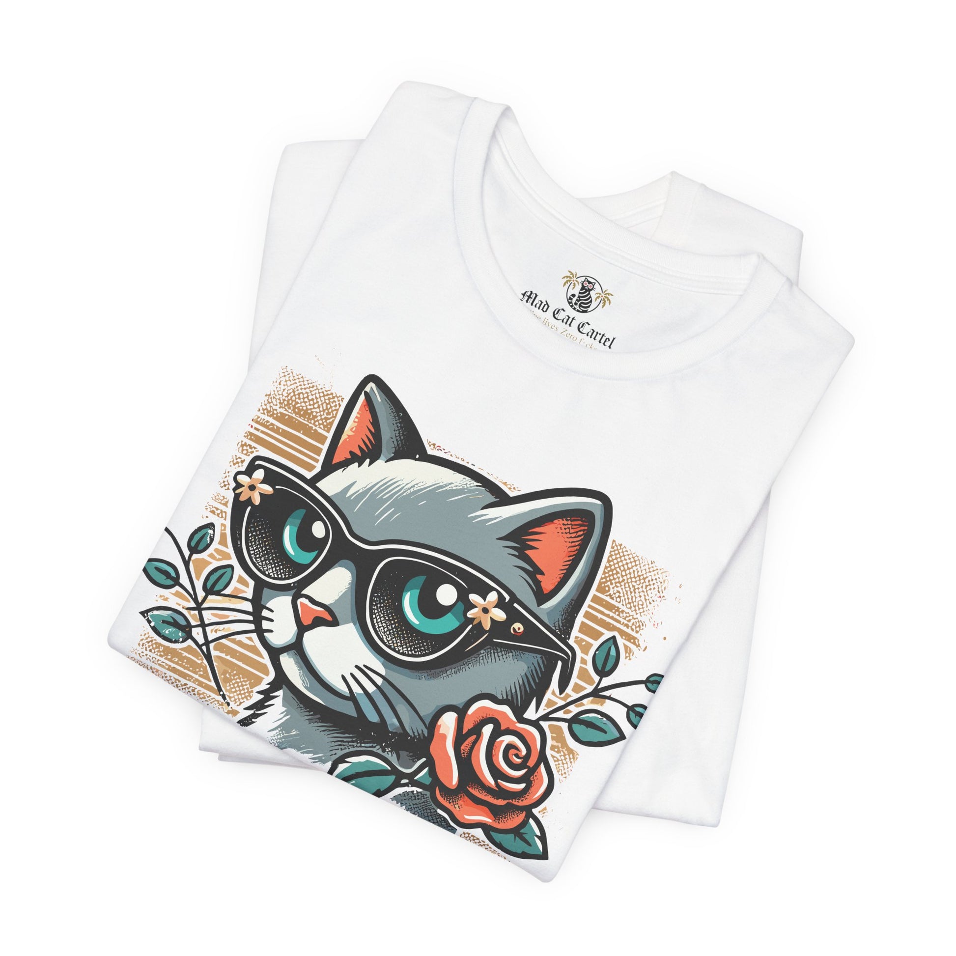 Folded white Purrada Designer Bloom Cat Graphic T Shirt, graphic white t shirts