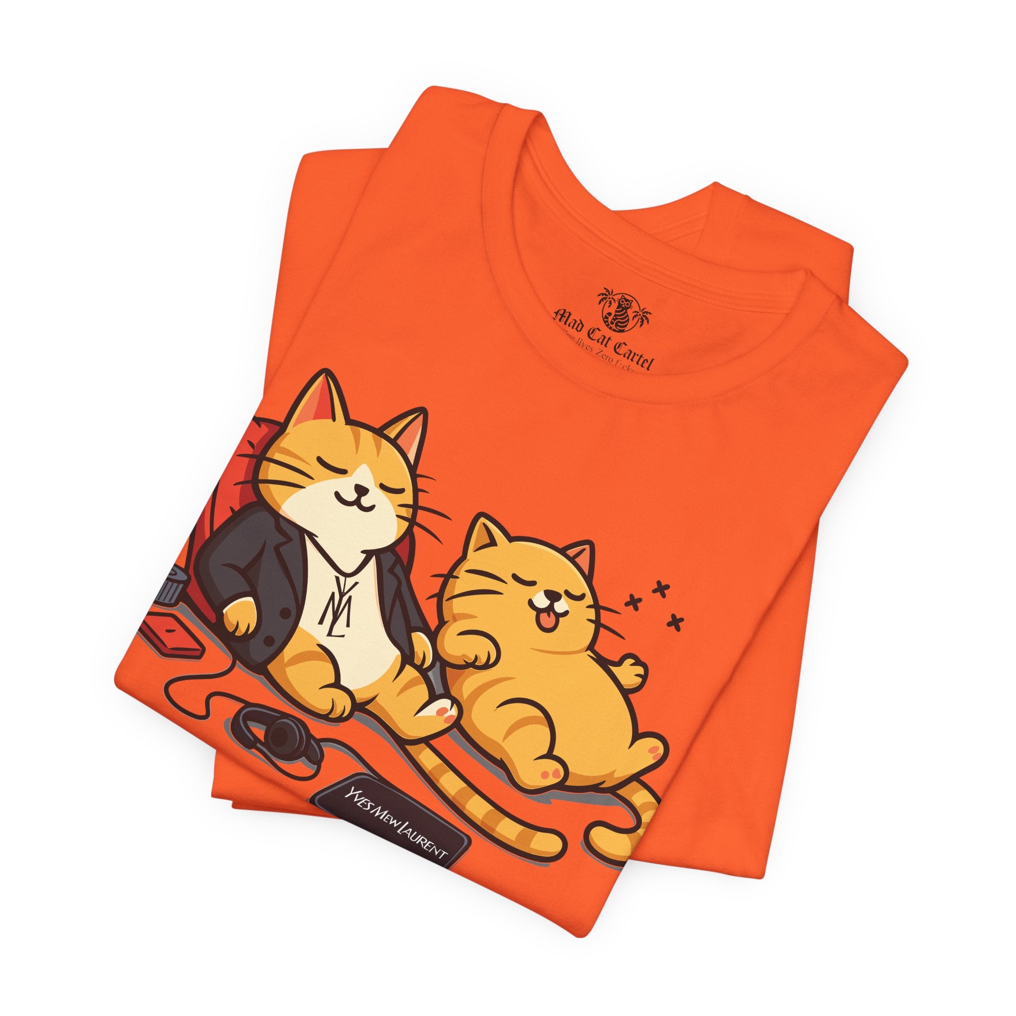 Yves Mew Laurent Chill Cats Cartoon Graphic T Shirt folded, orange cat graphic tee