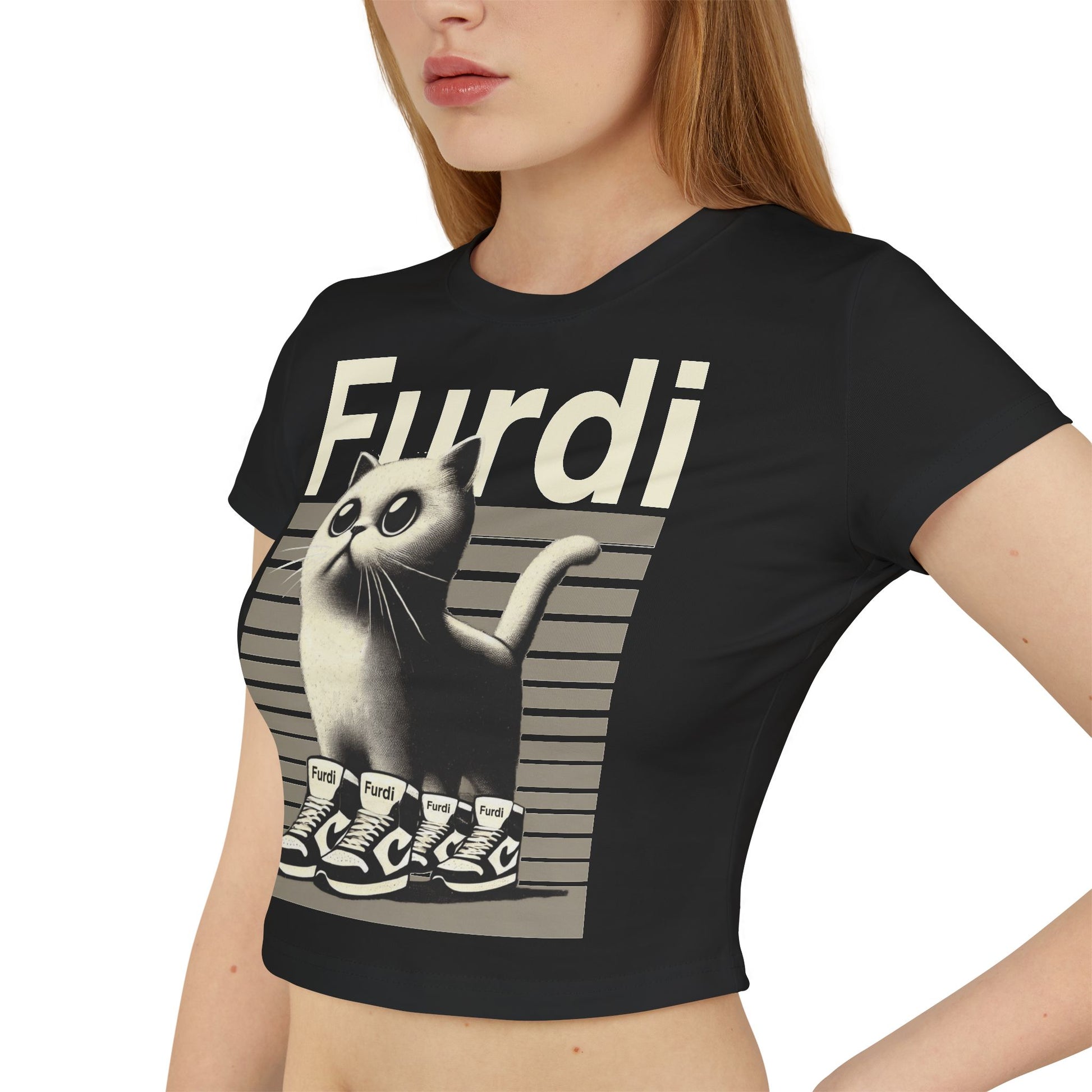 Close front model view Furdi 4x4 Sneaker Flex cat print tee black baby tee