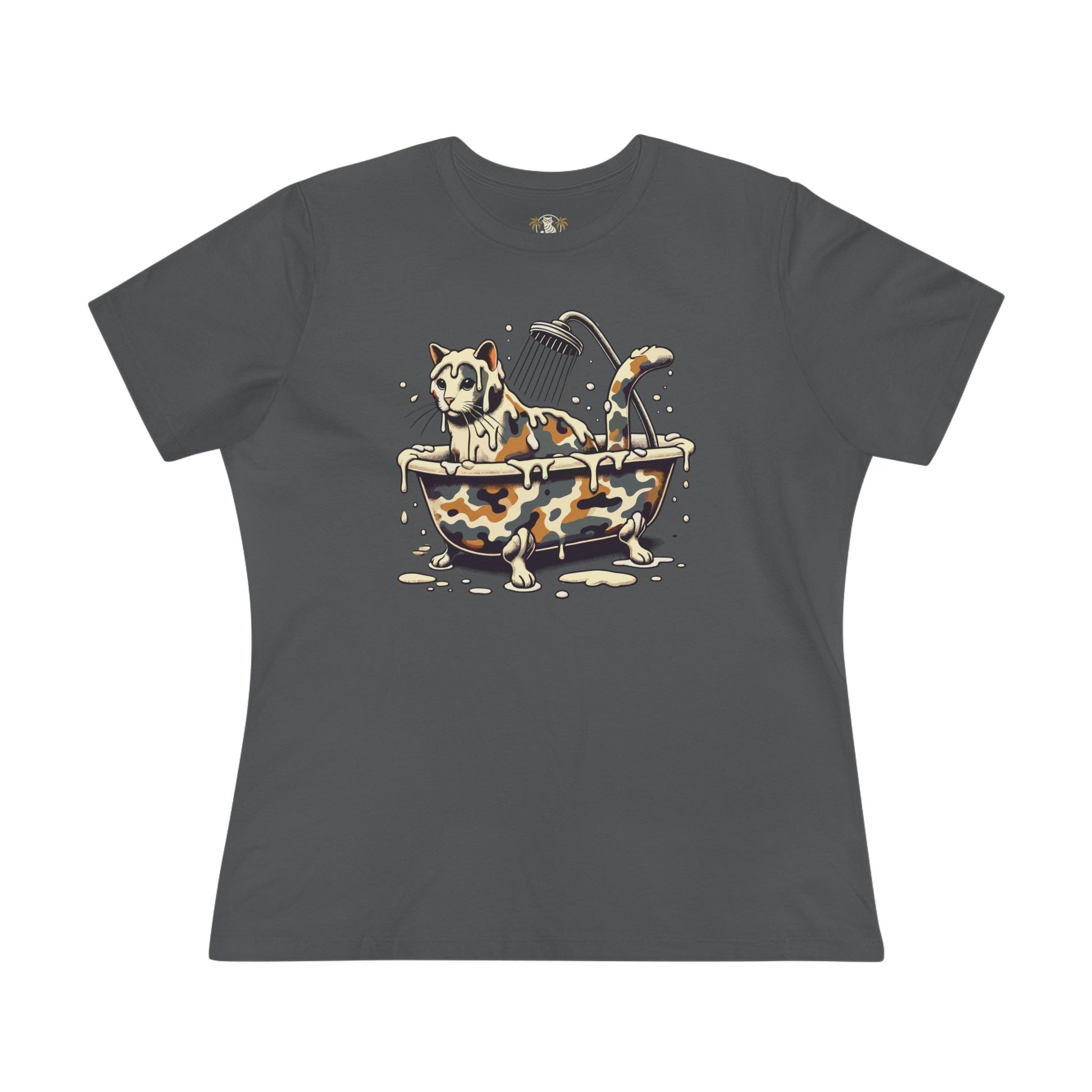 Asphalt Gray A Bathing Cat Camo Bath Drip Women’s Graphic Funny T Shirt flat lay front