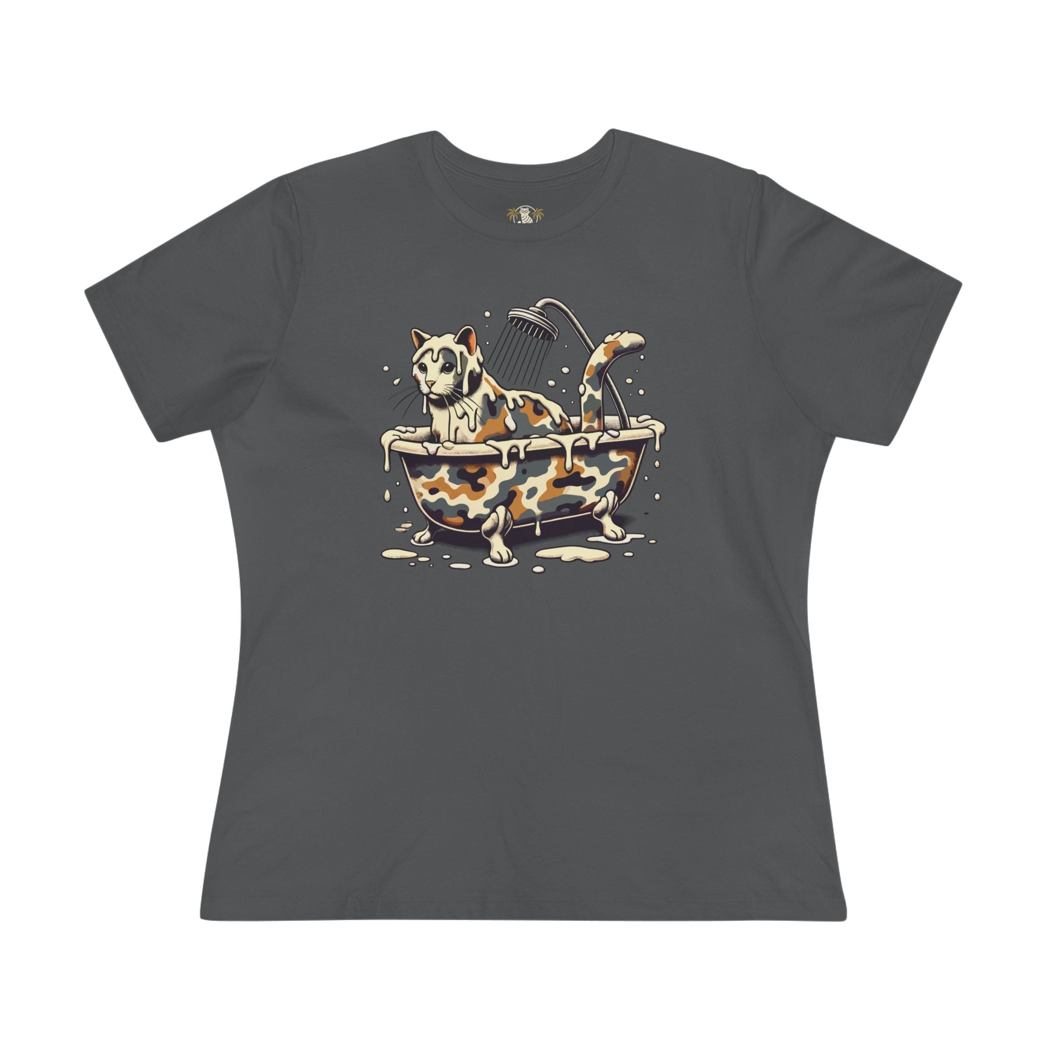 Asphalt Gray A Bathing Cat Camo Bath Drip Women’s Graphic Funny T Shirt flat lay front