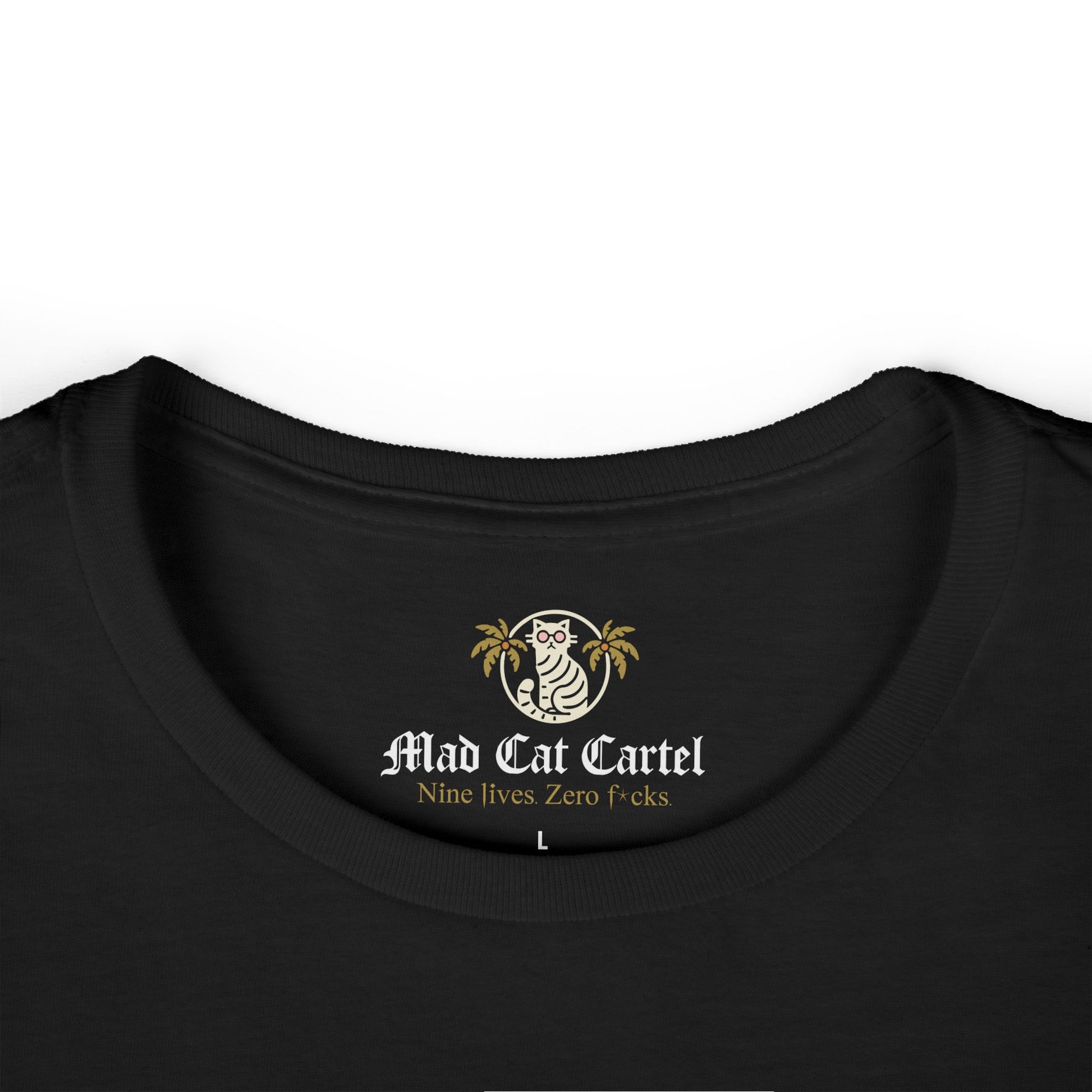 Black cat lover t shirts neckline folded close-up