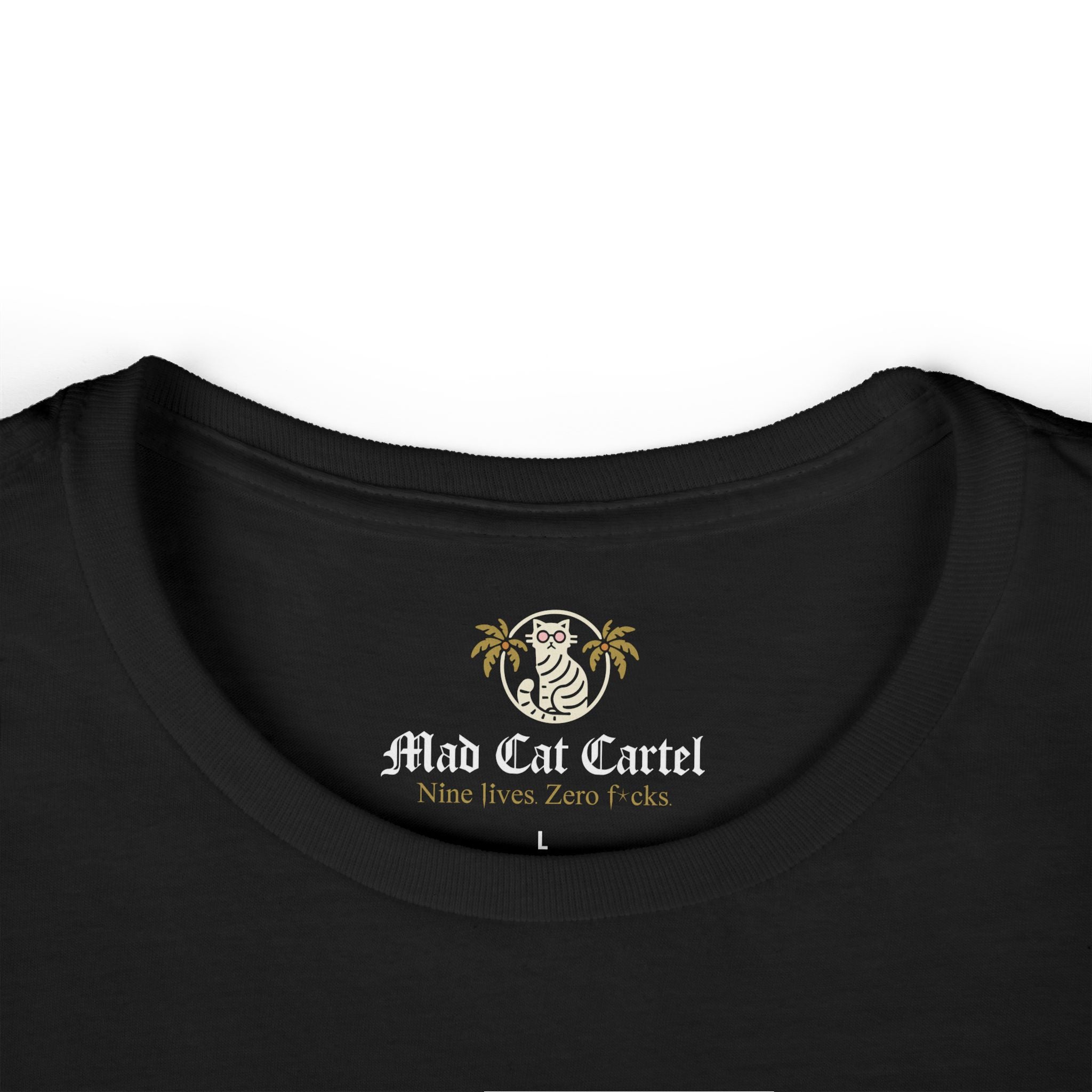 Black cat lover t shirts neckline folded close-up