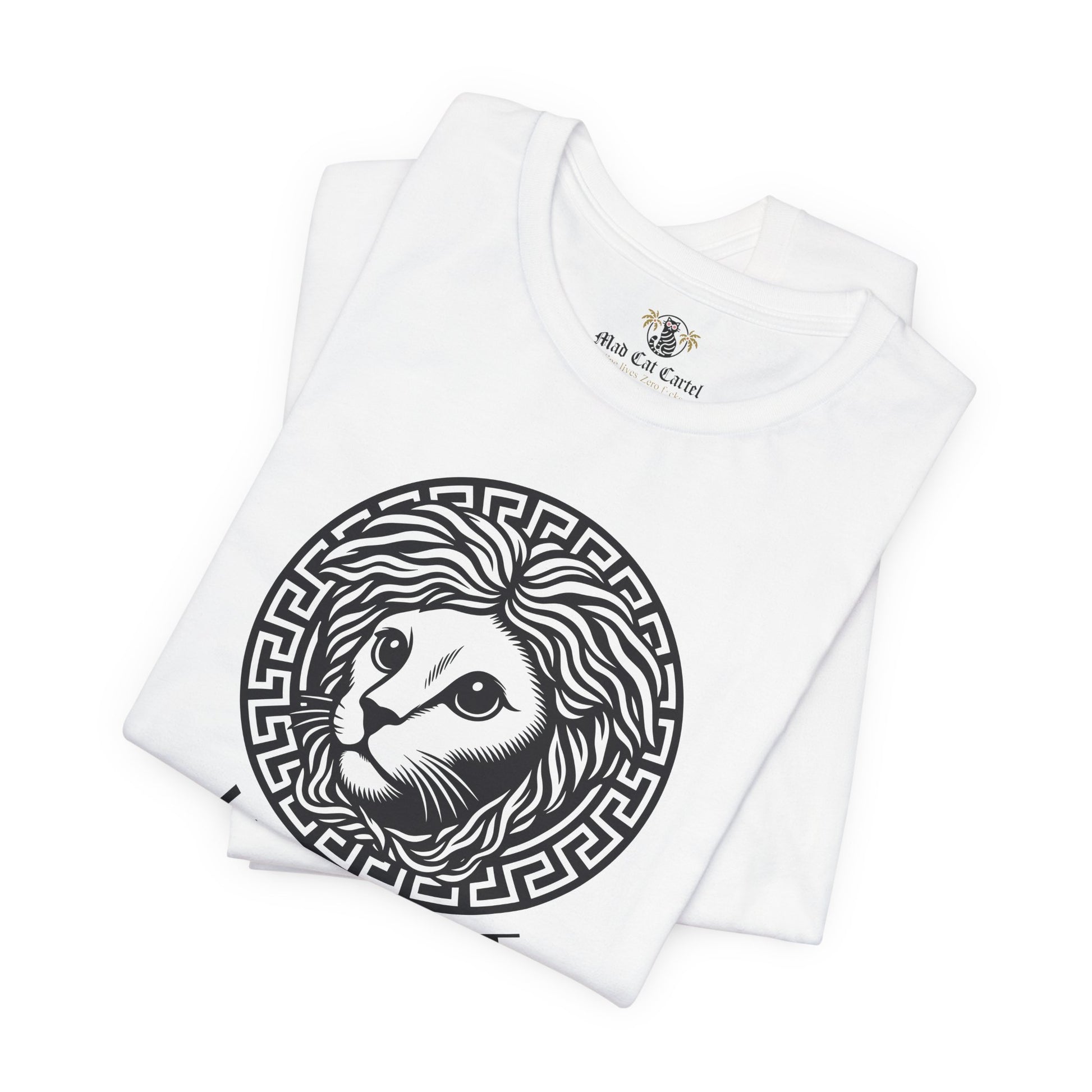 Folded white Versacat Medusa cat emblem graphic t-shirt – unisex