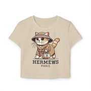 Hermèws Paris Chic Cat Graphic Women’s Sand Baby Tee flat lay front view