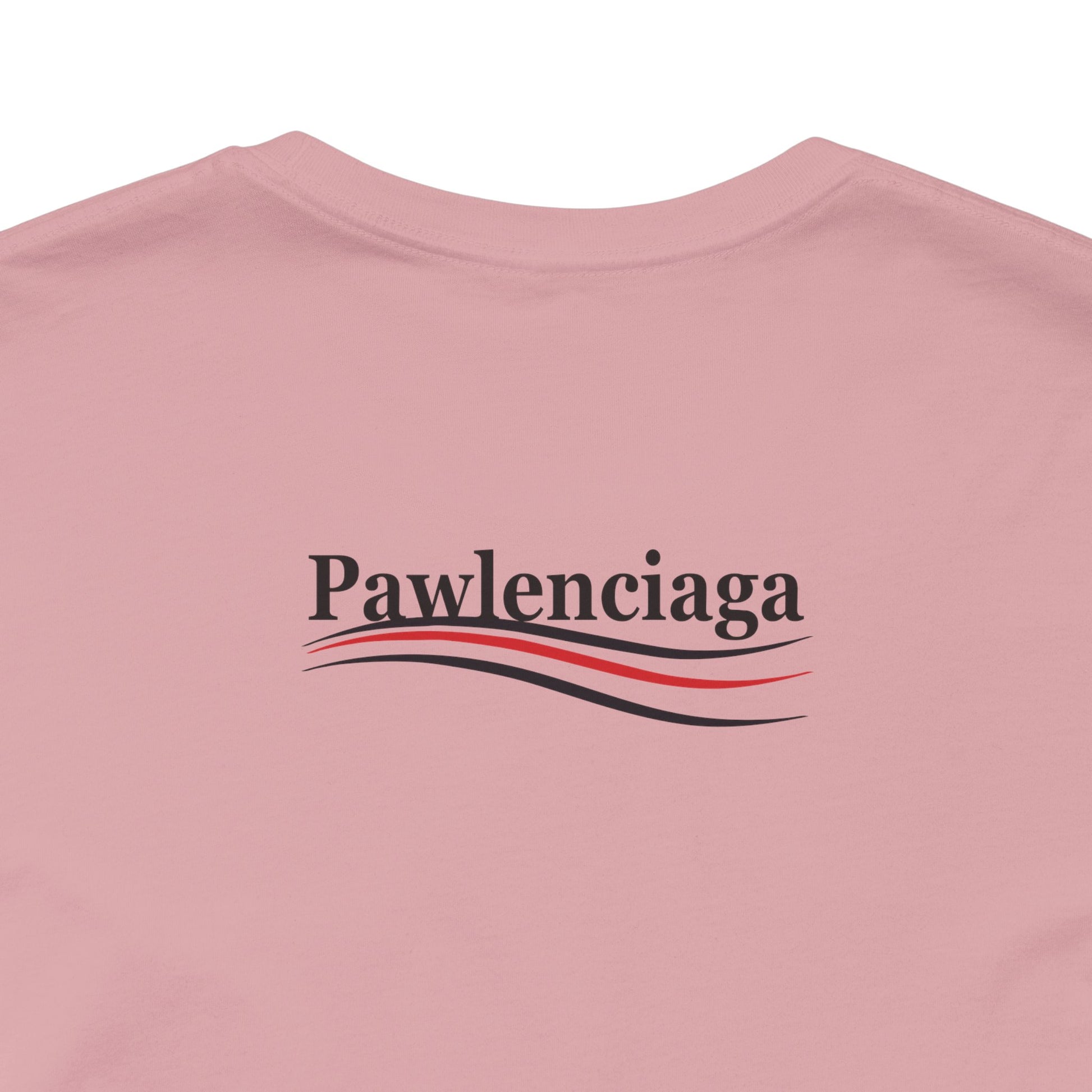 Pink Pawlenciaga T-Shirt, orchid pink, womens cat tee shirts, back logo close up