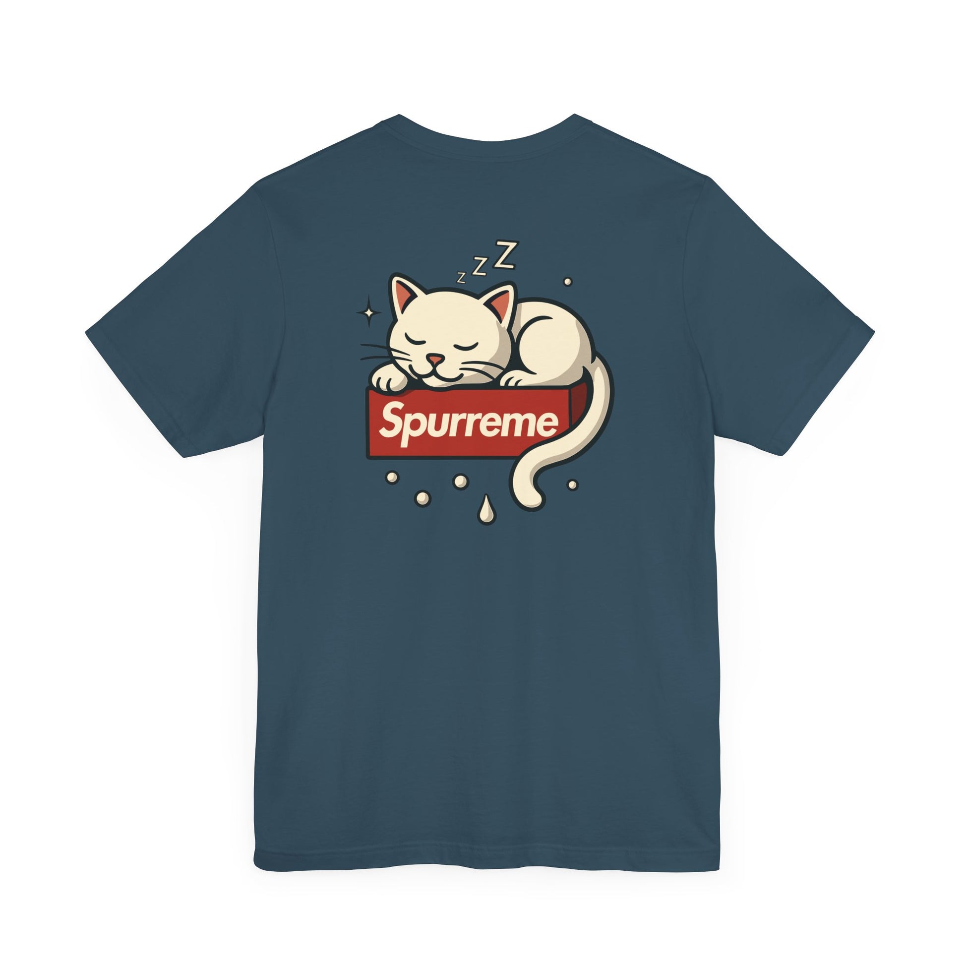 Deep teal t shirt back logo view funny adult shirt for cat lovers