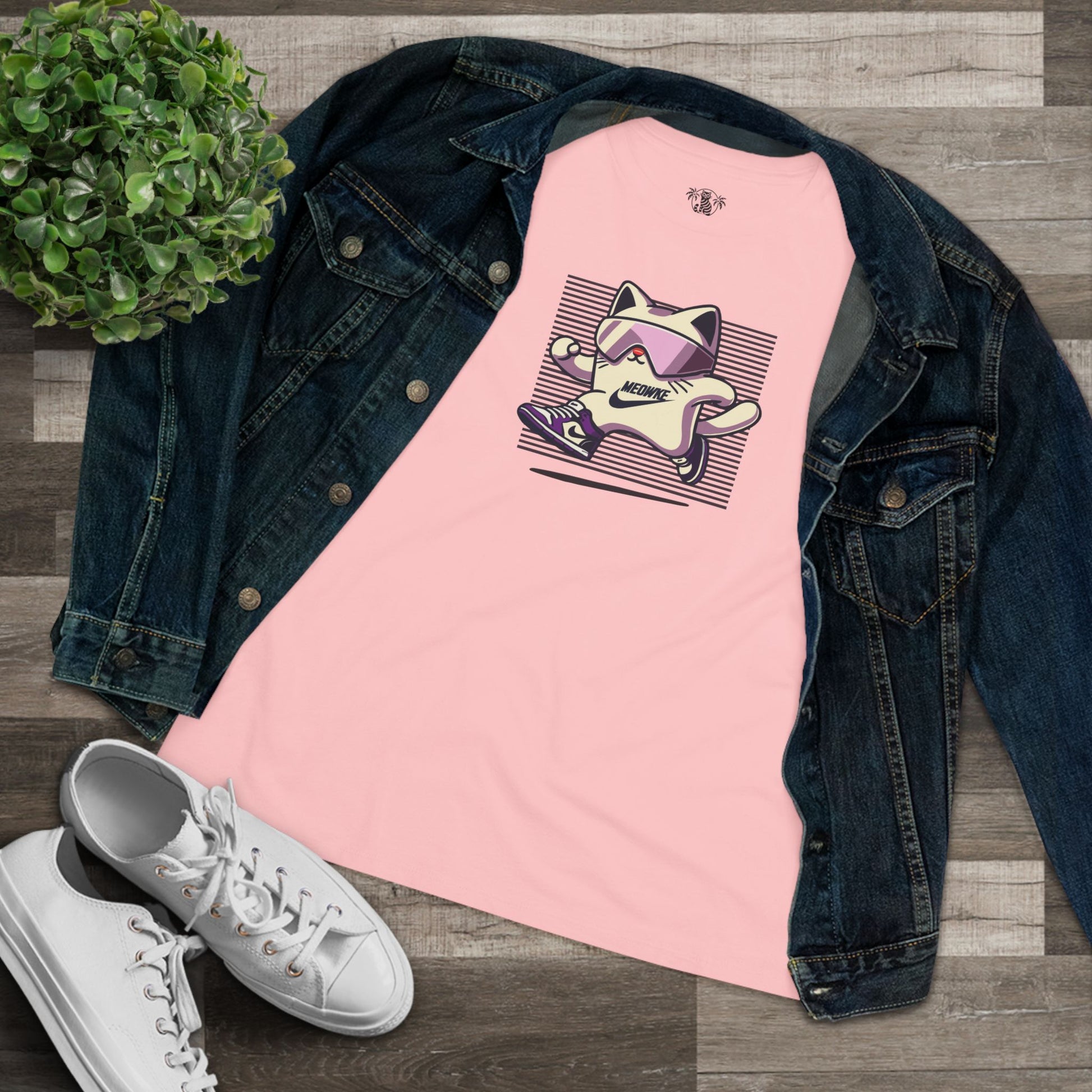 Pink cat runner t shirt flat lay with denim jacket, cute cat shirts for women