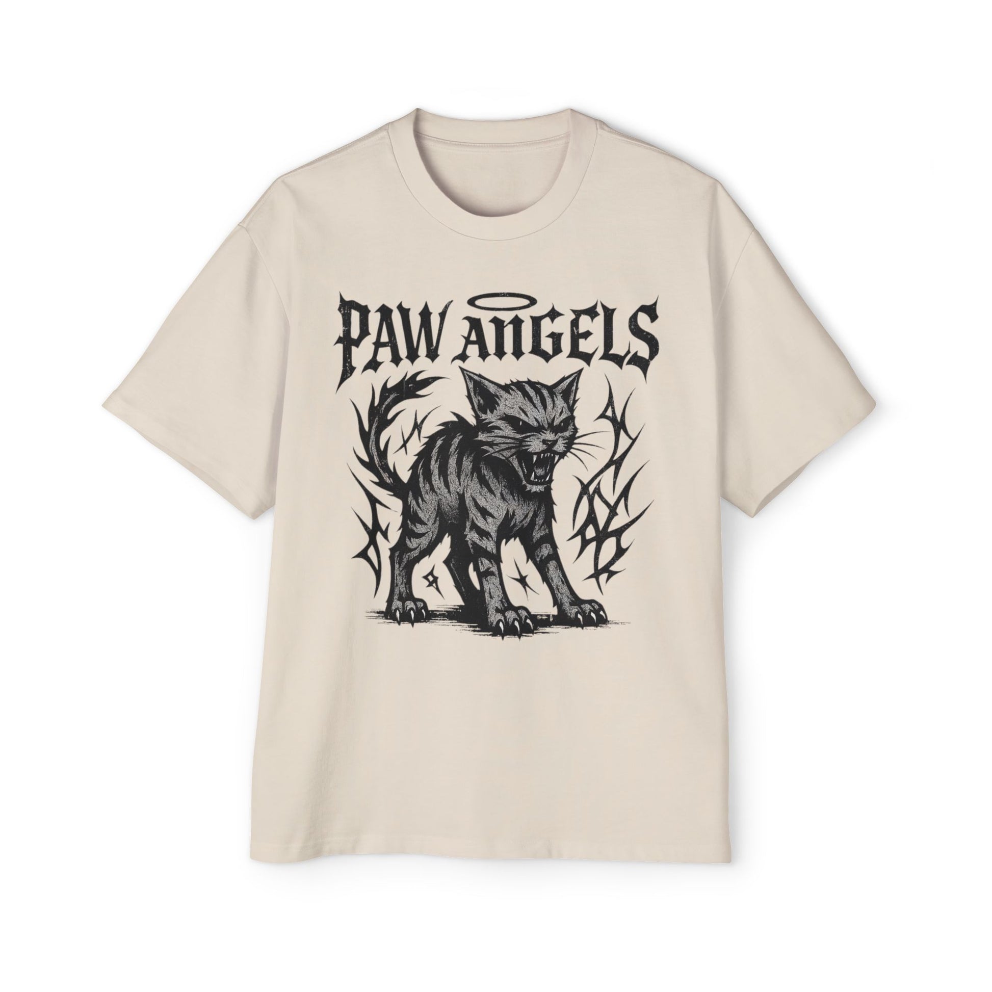 Front view of Paw Angels Hellcat ecru men's oversized cat t-shirt – cat lover t shirt
